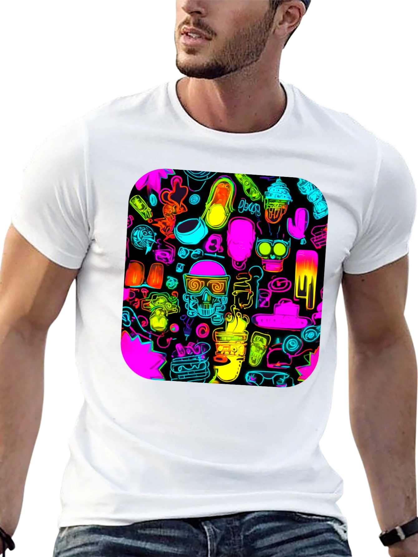 Neon Doodle Pattern Black T-Shirt
