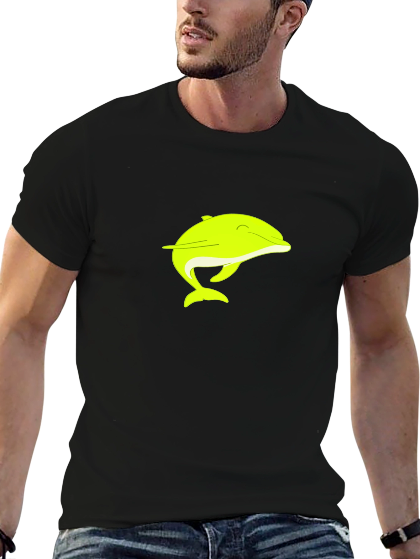 Black T-Shirt with Neon Dolphin Graphic