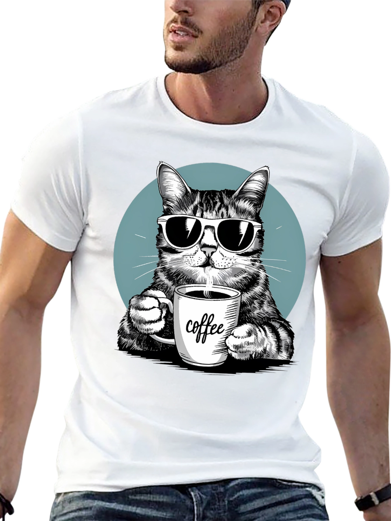 Cool Cat Coffee Lover Graphic T-Shirt