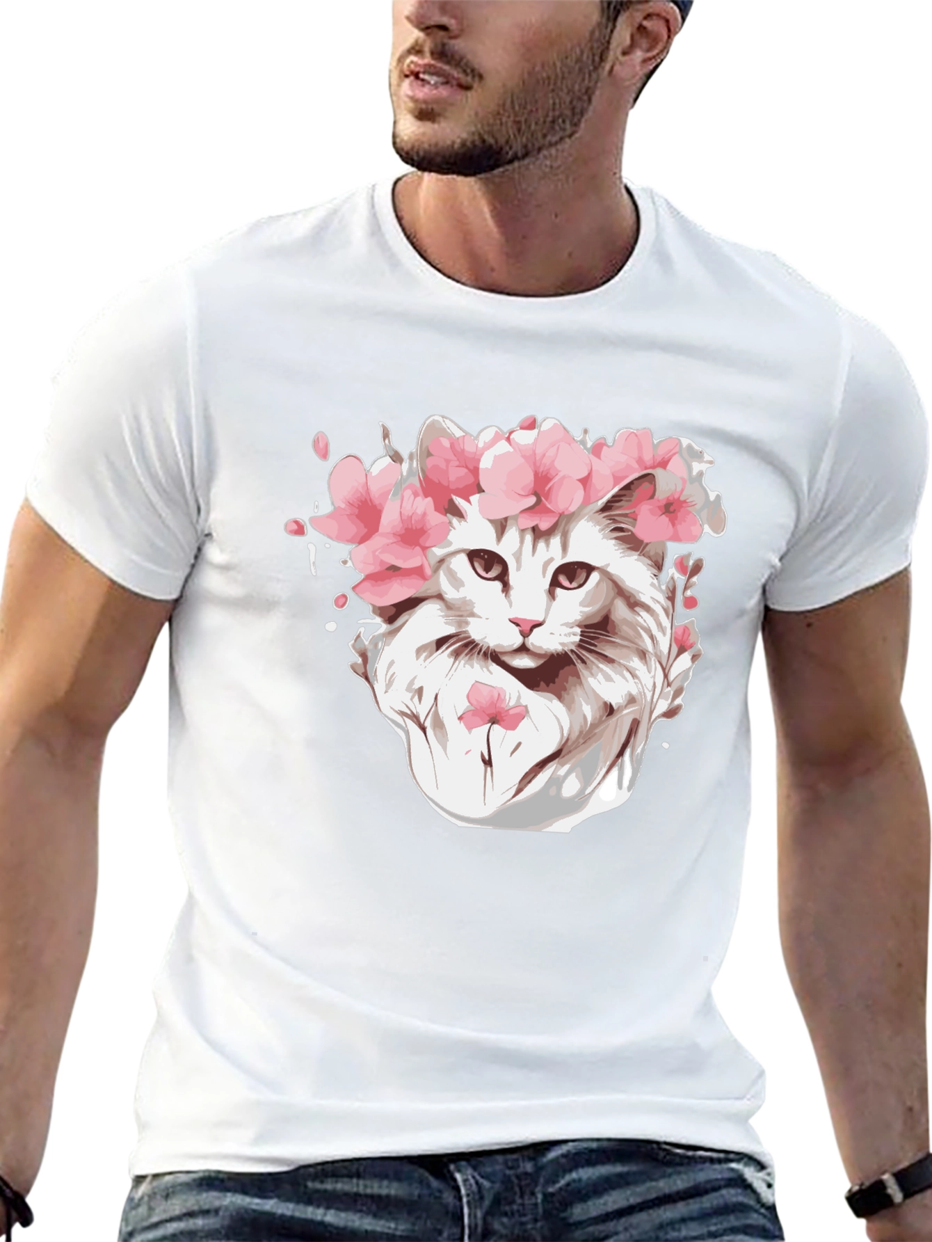 Cat with Flower Crown Black T-Shirt