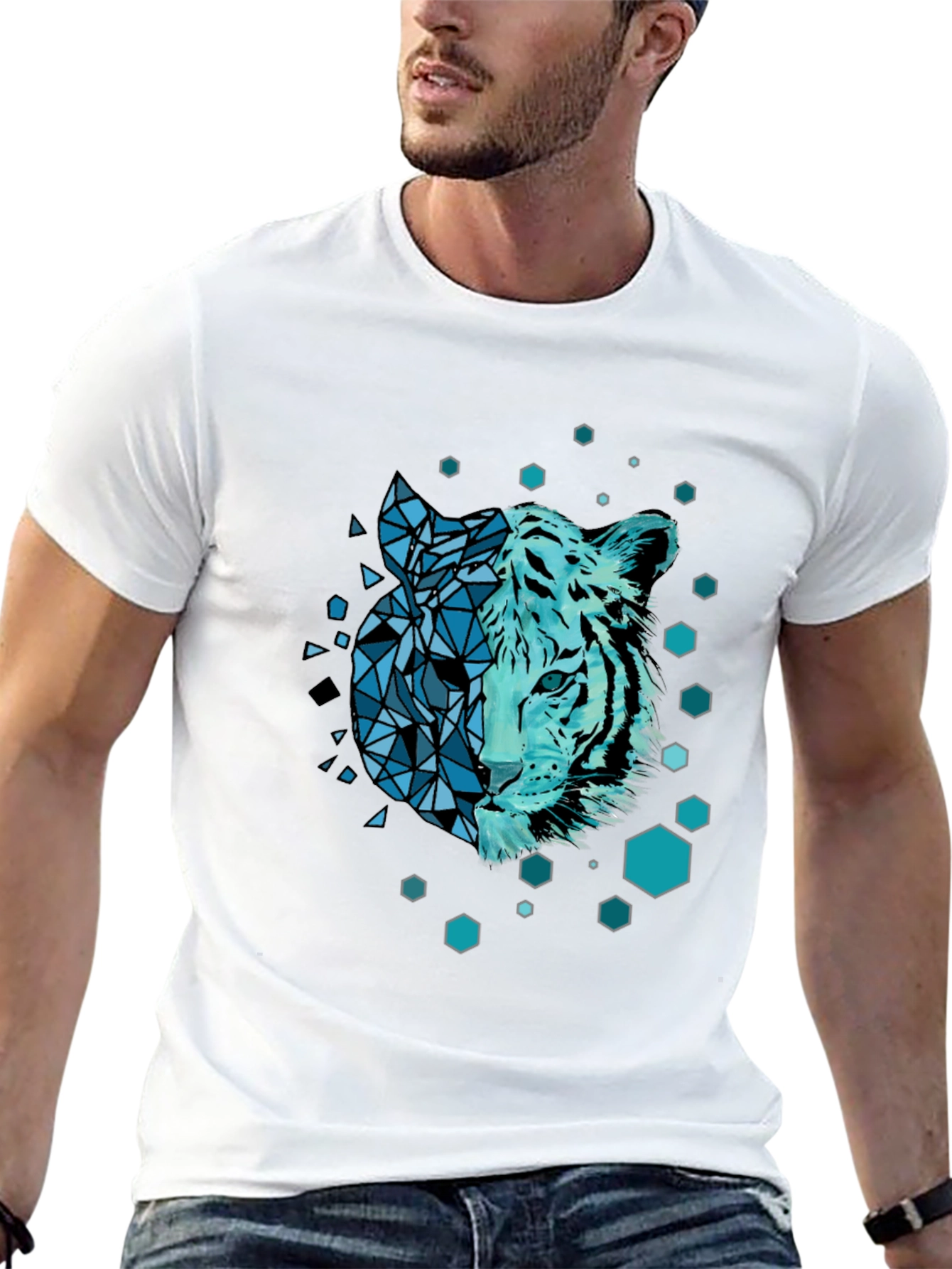 Geometric Tiger Graphic Black Tee Shirt