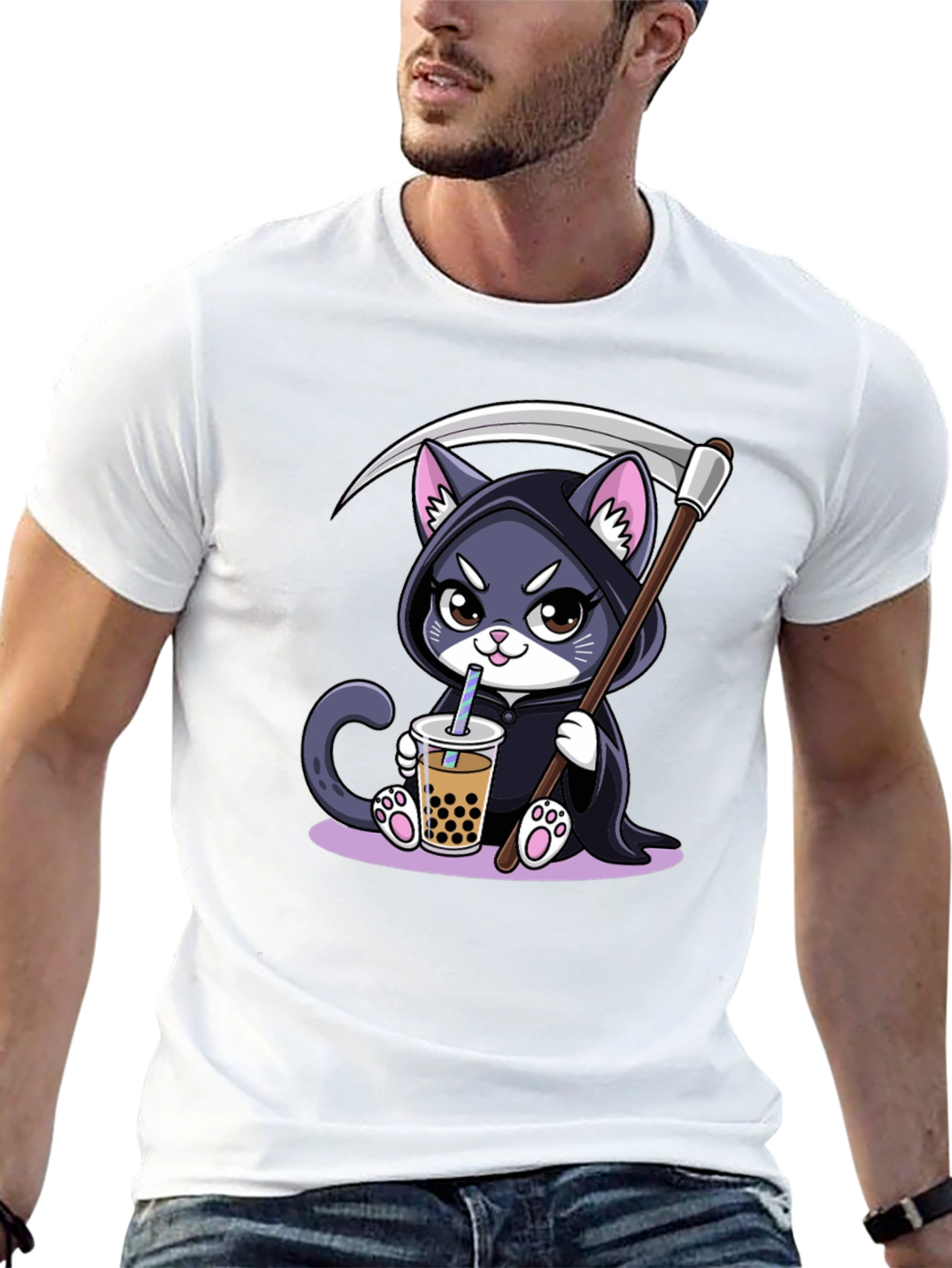 Grim Reaper Cat Boba T-Shirt - Kawaii Cute Design
