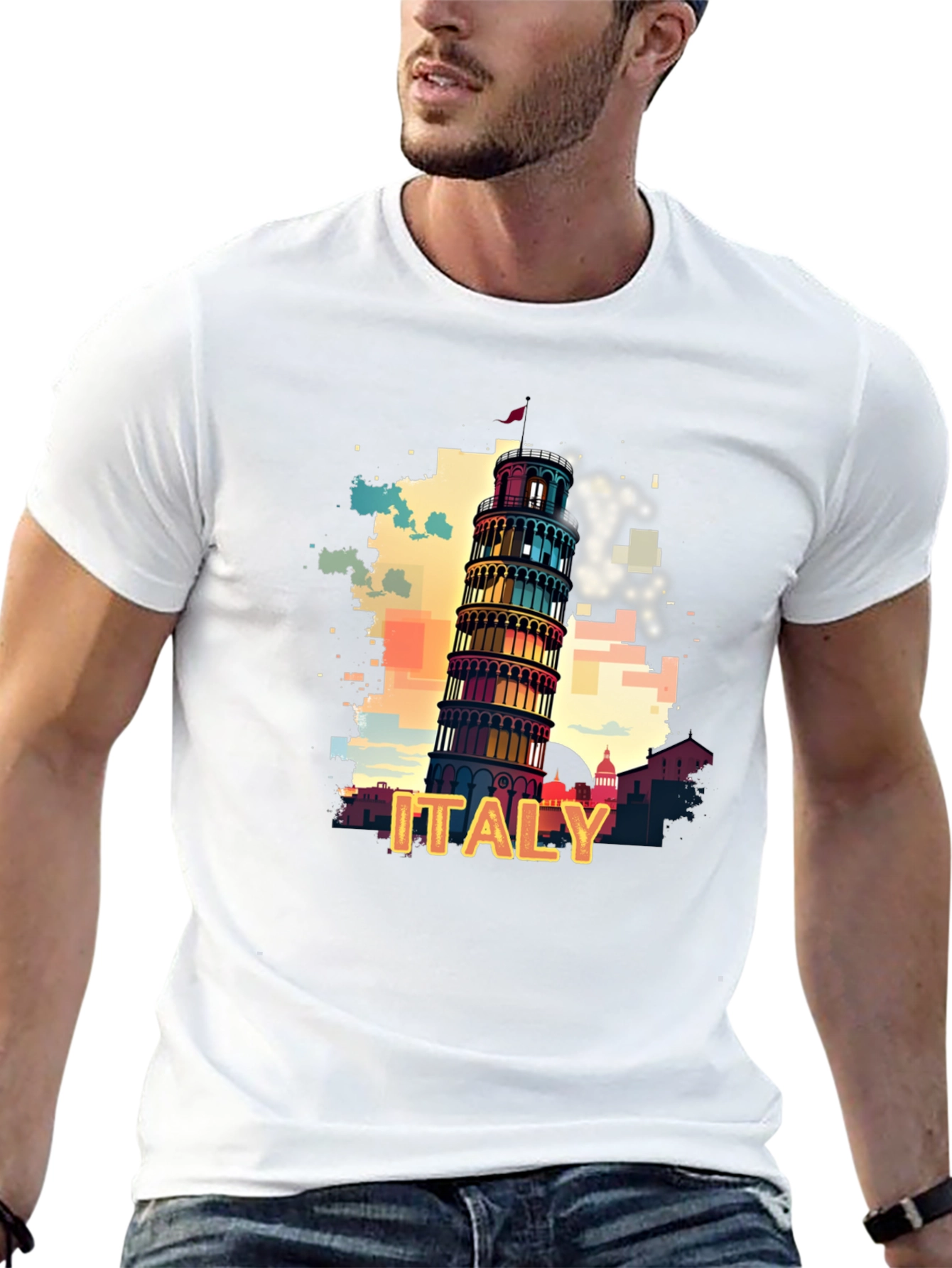Italy Pisa Tower Graphic Tee - Mens Black T-Shirt