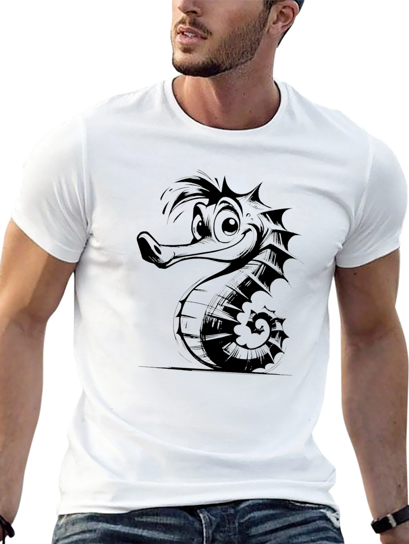 Cartoon Seahorse Graphic Print Black T-Shirt