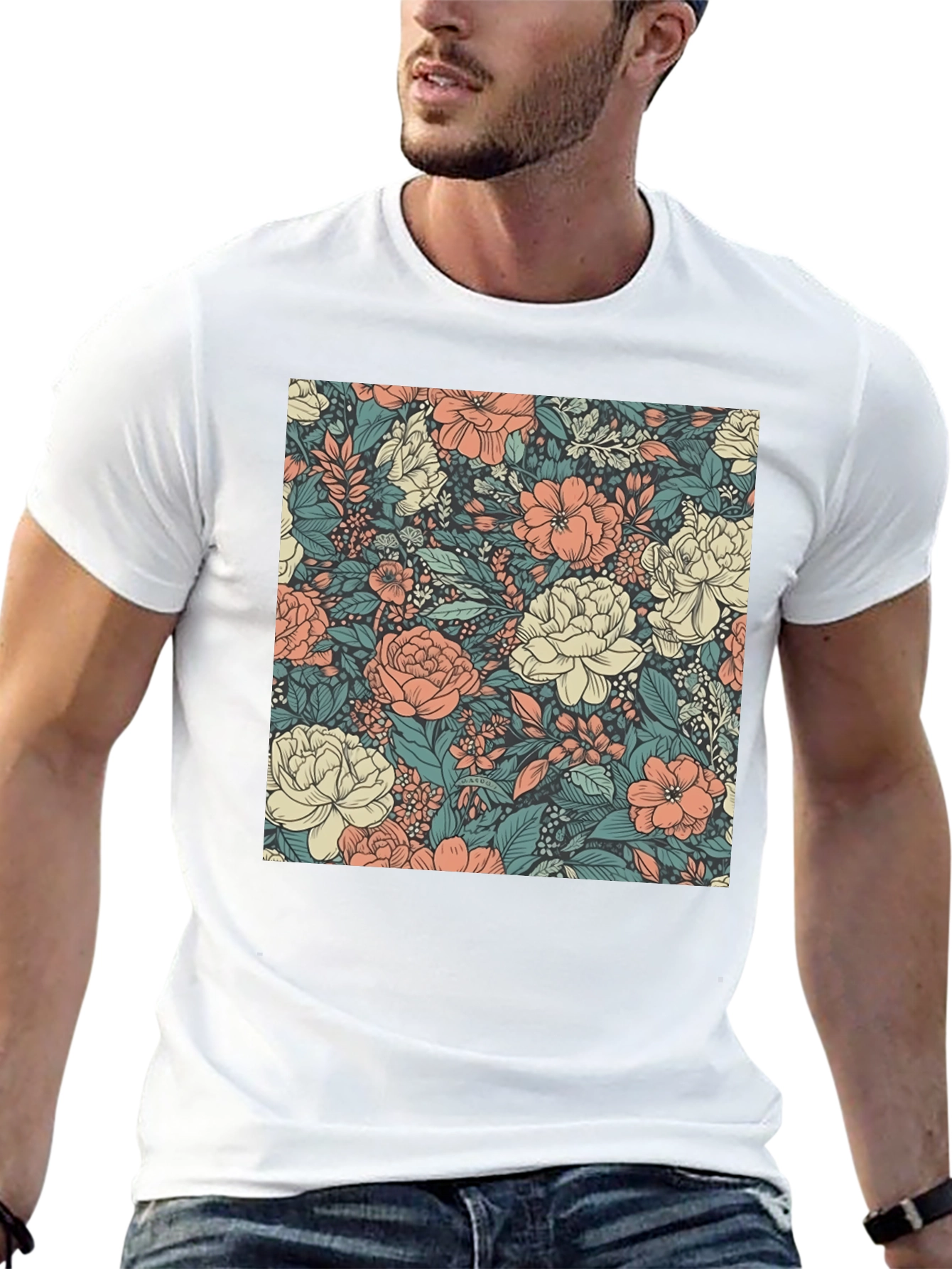 Floral Print Tee - Stylish Black Cotton T-Shirt