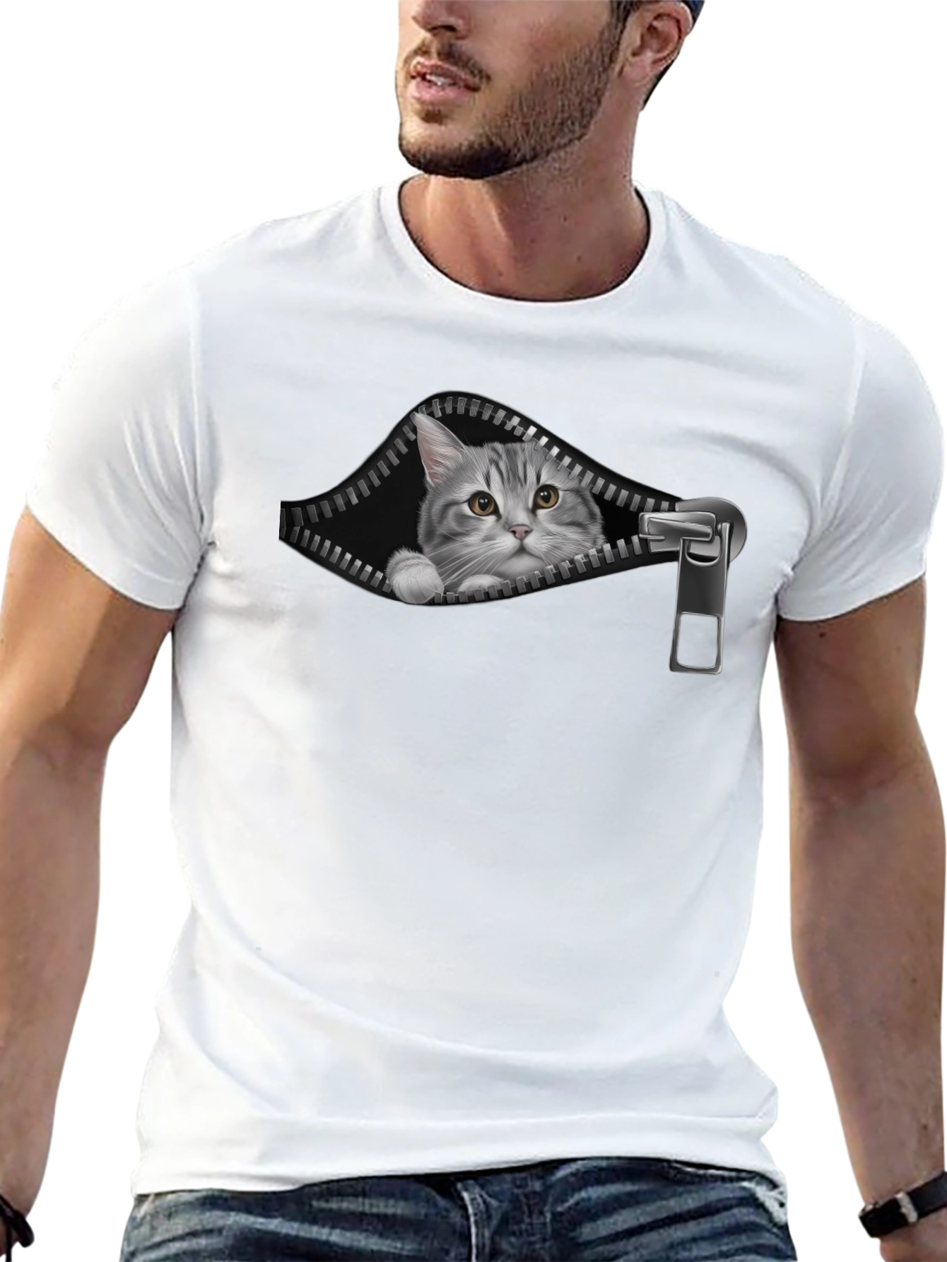Cat Zipper T-Shirt - Unique Graphic Tee
