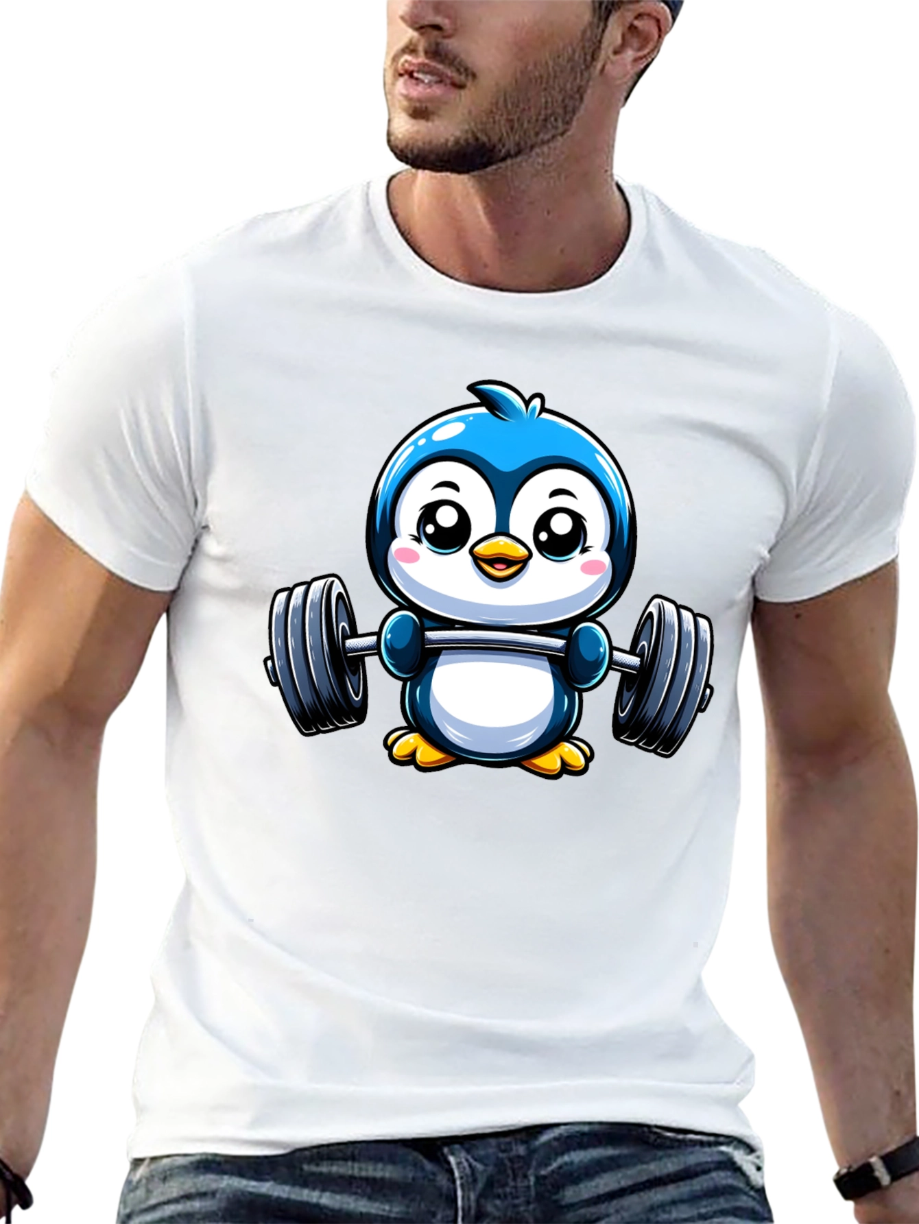 Cute Penguin Lifting Weights Graphic Tee