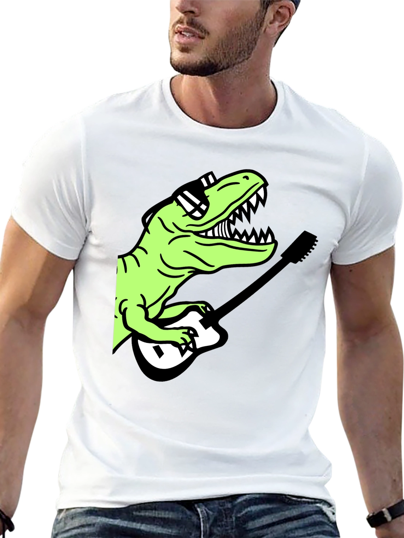 Cool Dinosaur Guitar Player Graphic T-Shirt