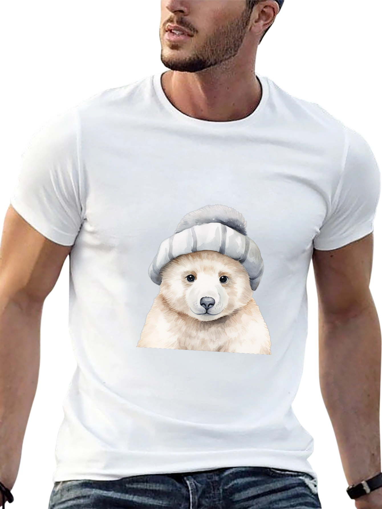 Bear in Hat Graphic Tee - Casual Black T-Shirt