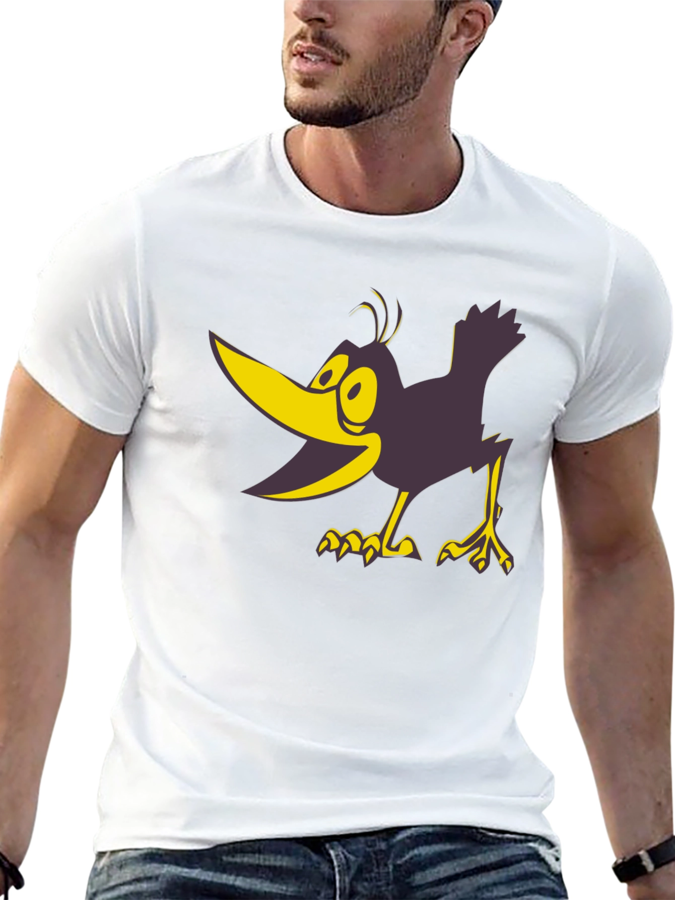 Cartoon Crow Graphic Tee - Black Crew Neck