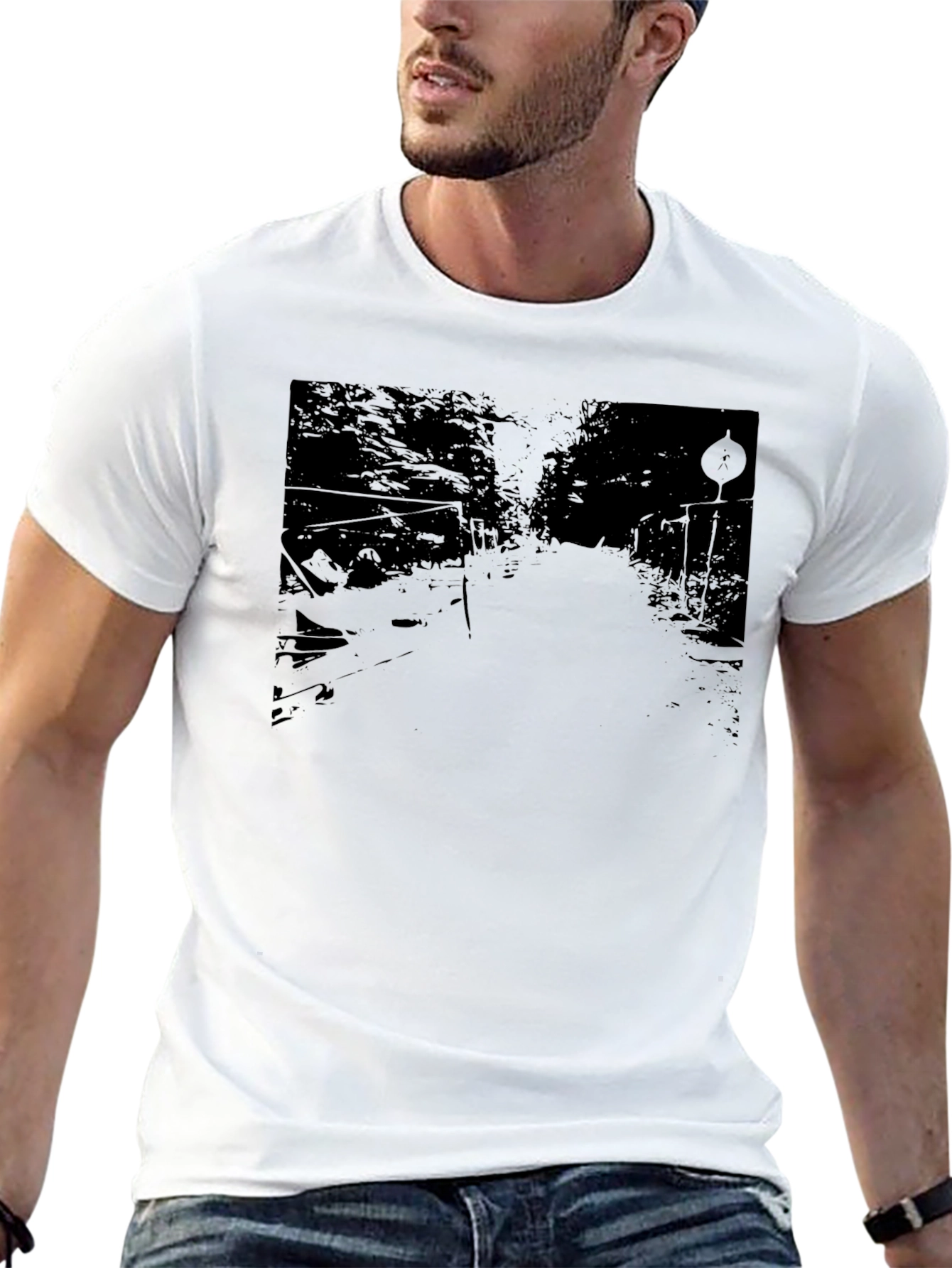 Mens Black Graphic Tee - Road Scene Design