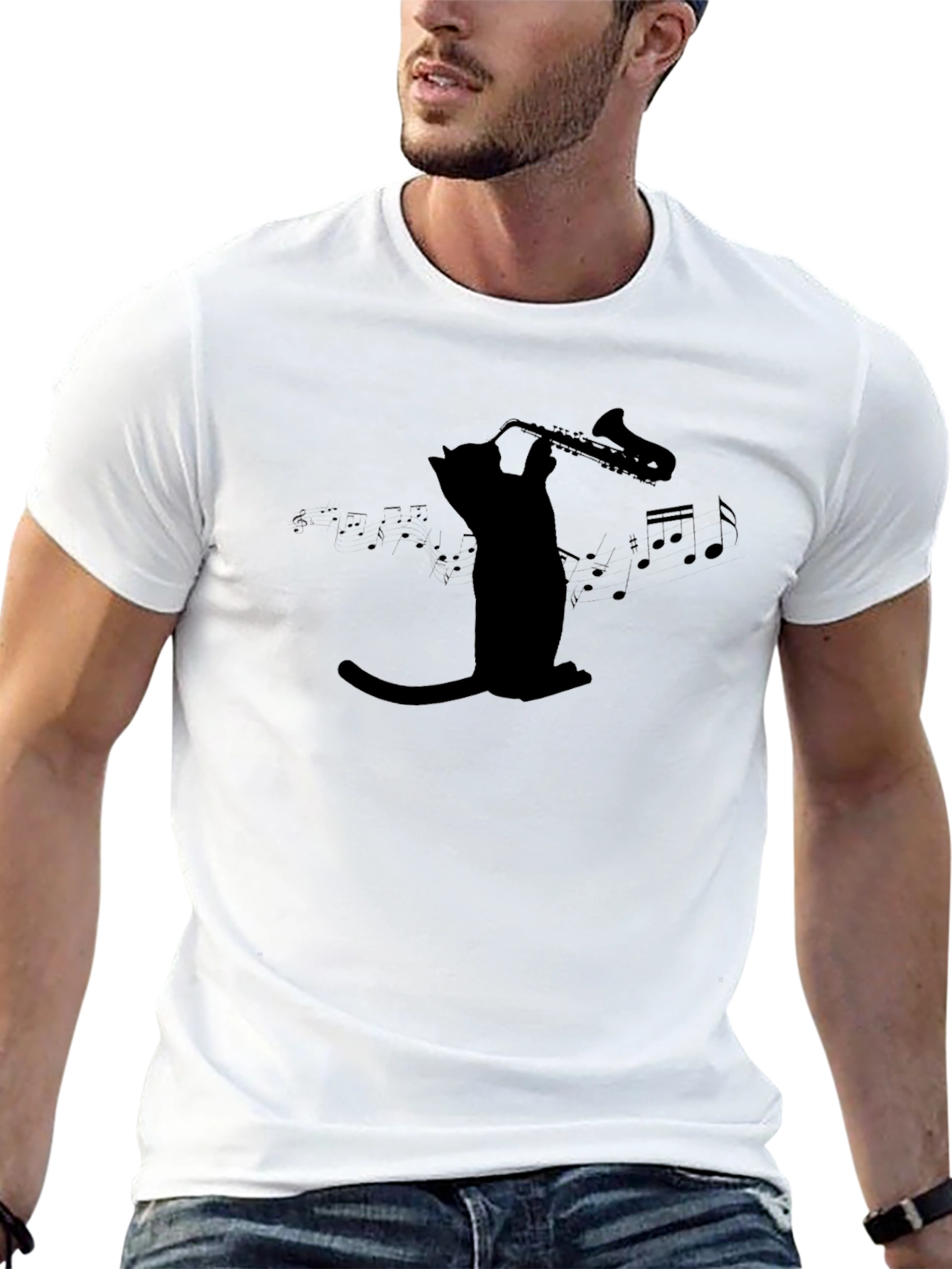 Cat Saxophone Black Graphic Tee