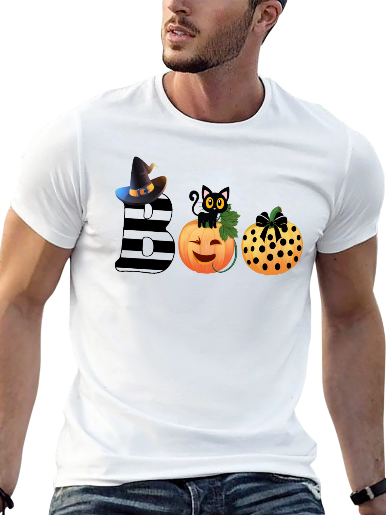 Halloween BOO T-Shirt with Witch Hat & Black Cat