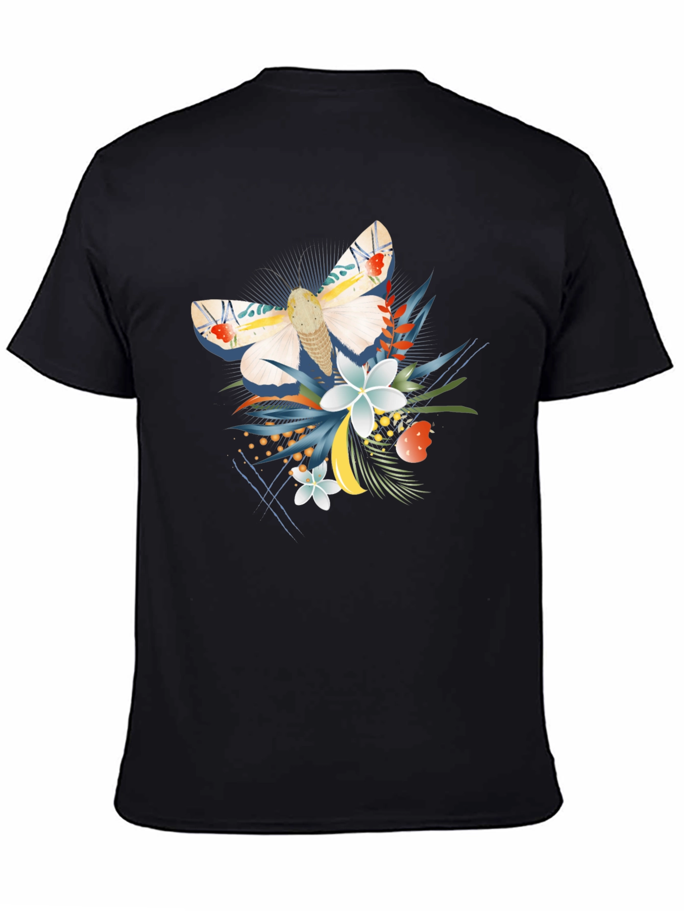 Moth and Floral Graphic Black T-Shirt