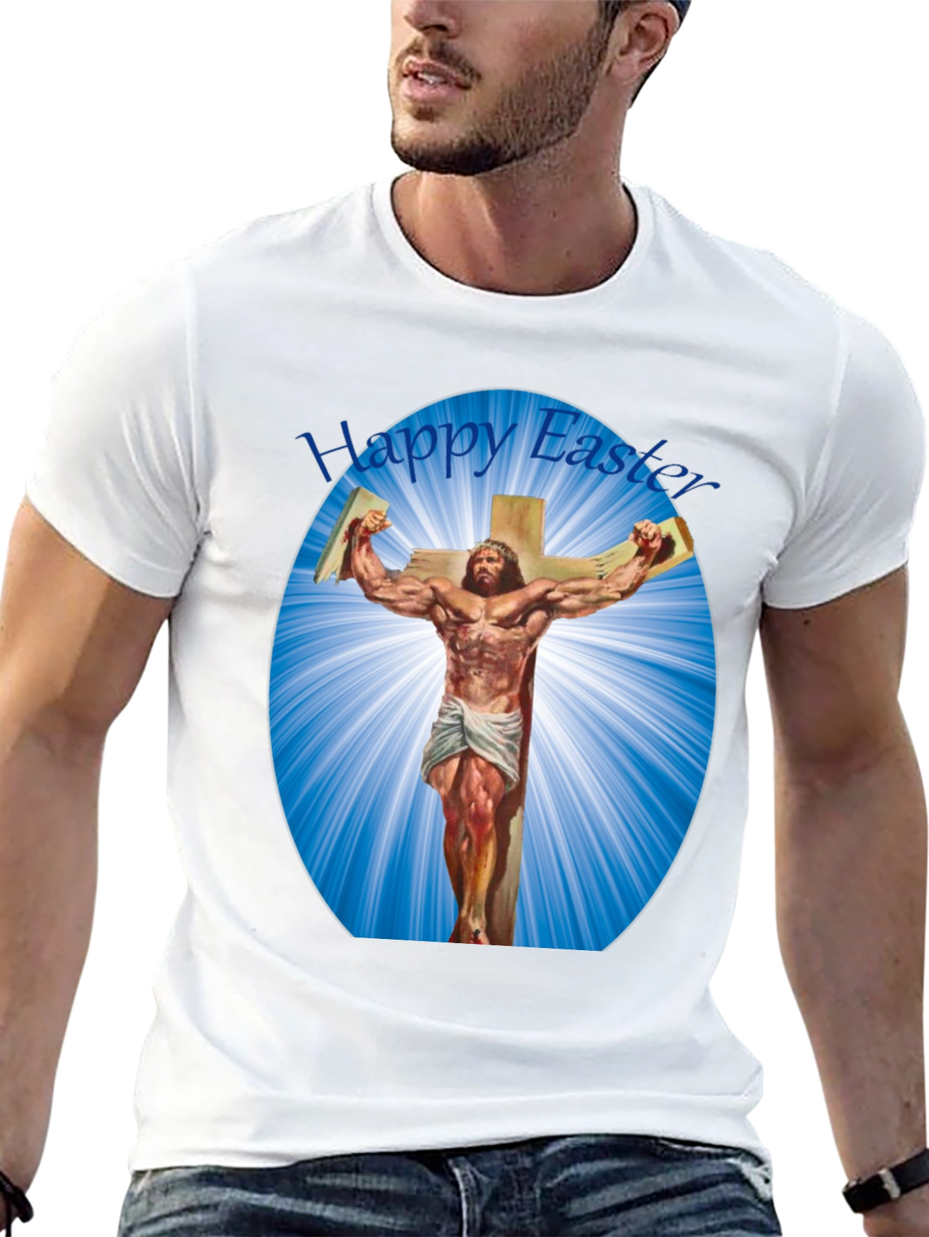 Happy Easter Shirt - Muscular Jesus on Cross Design