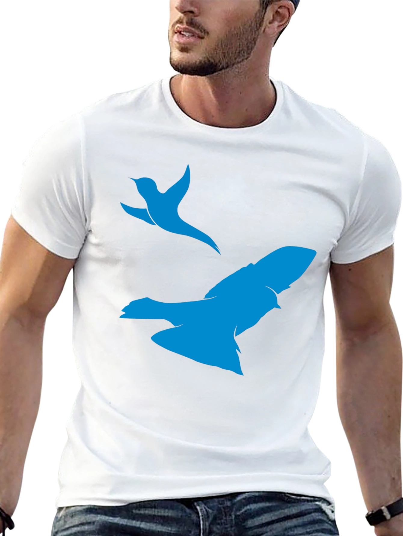 Black T-Shirt with Blue Bird Print