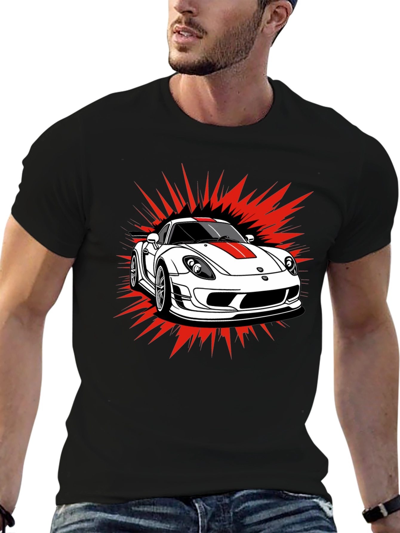 Sports Car Graphic Tee - Black Cotton T-Shirt