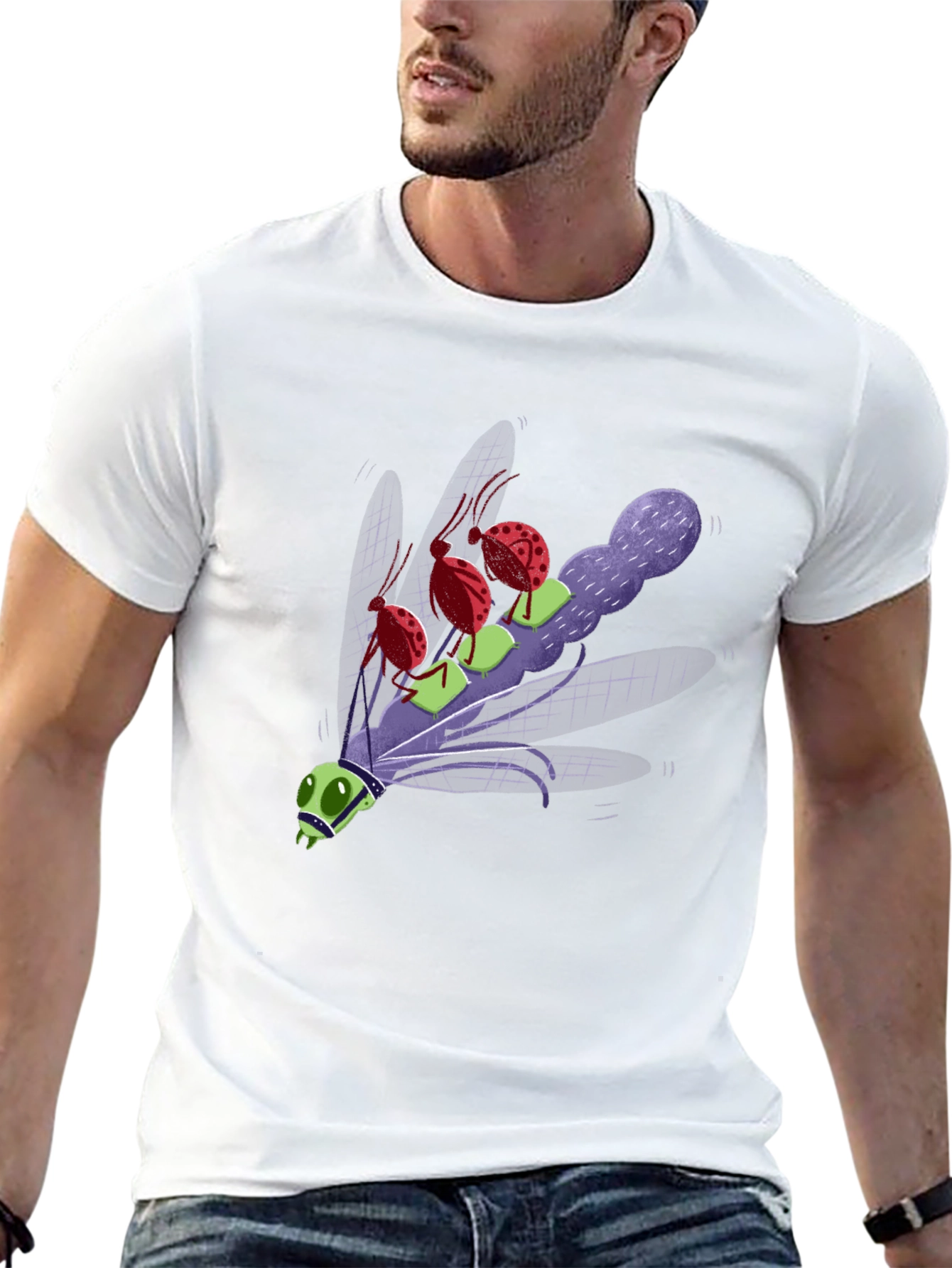 Cartoon Insect Graphic Tee - Black Cotton Blend