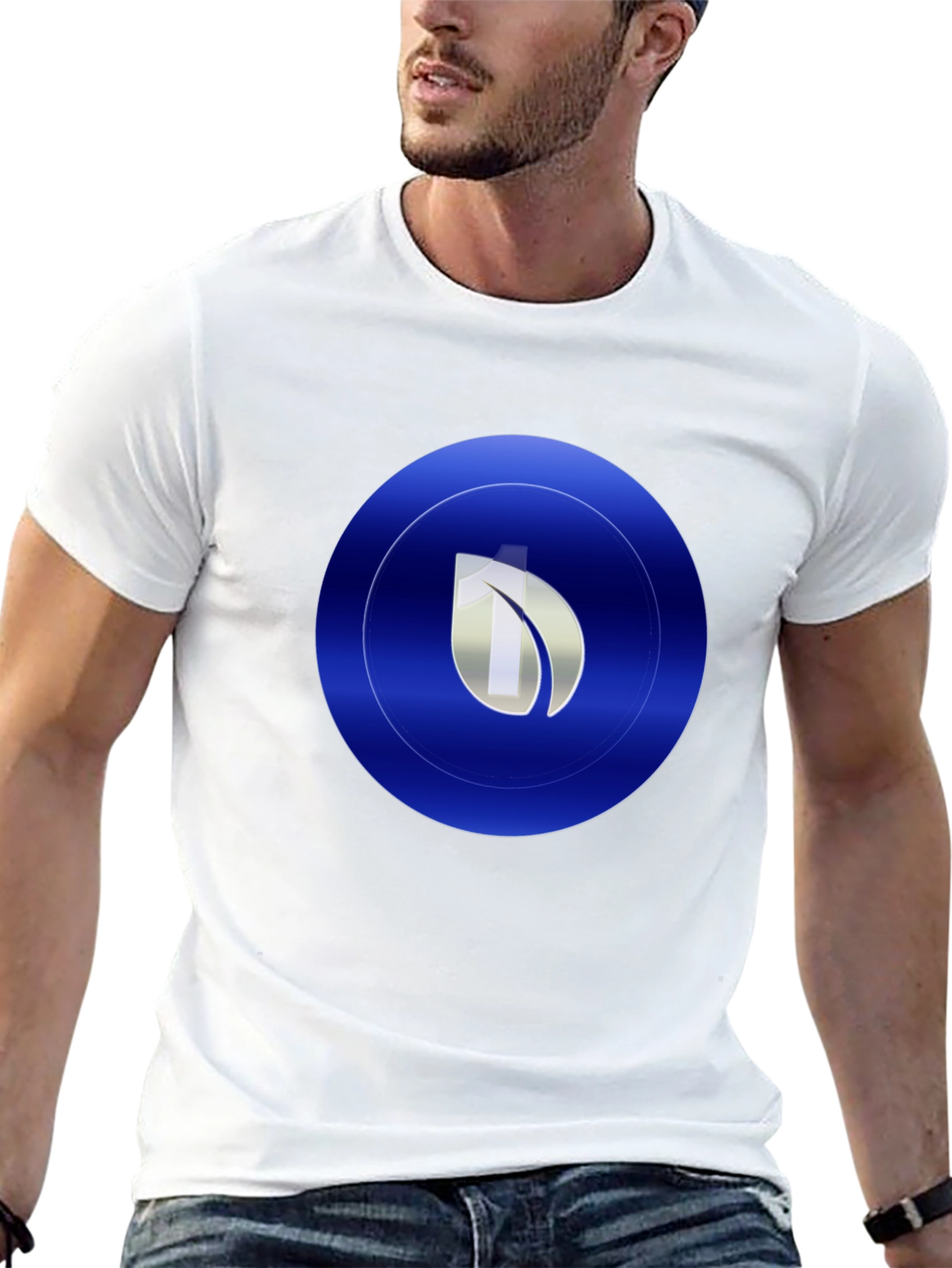 Modern Blue Leaf Circle Graphic Print Black T-Shirt