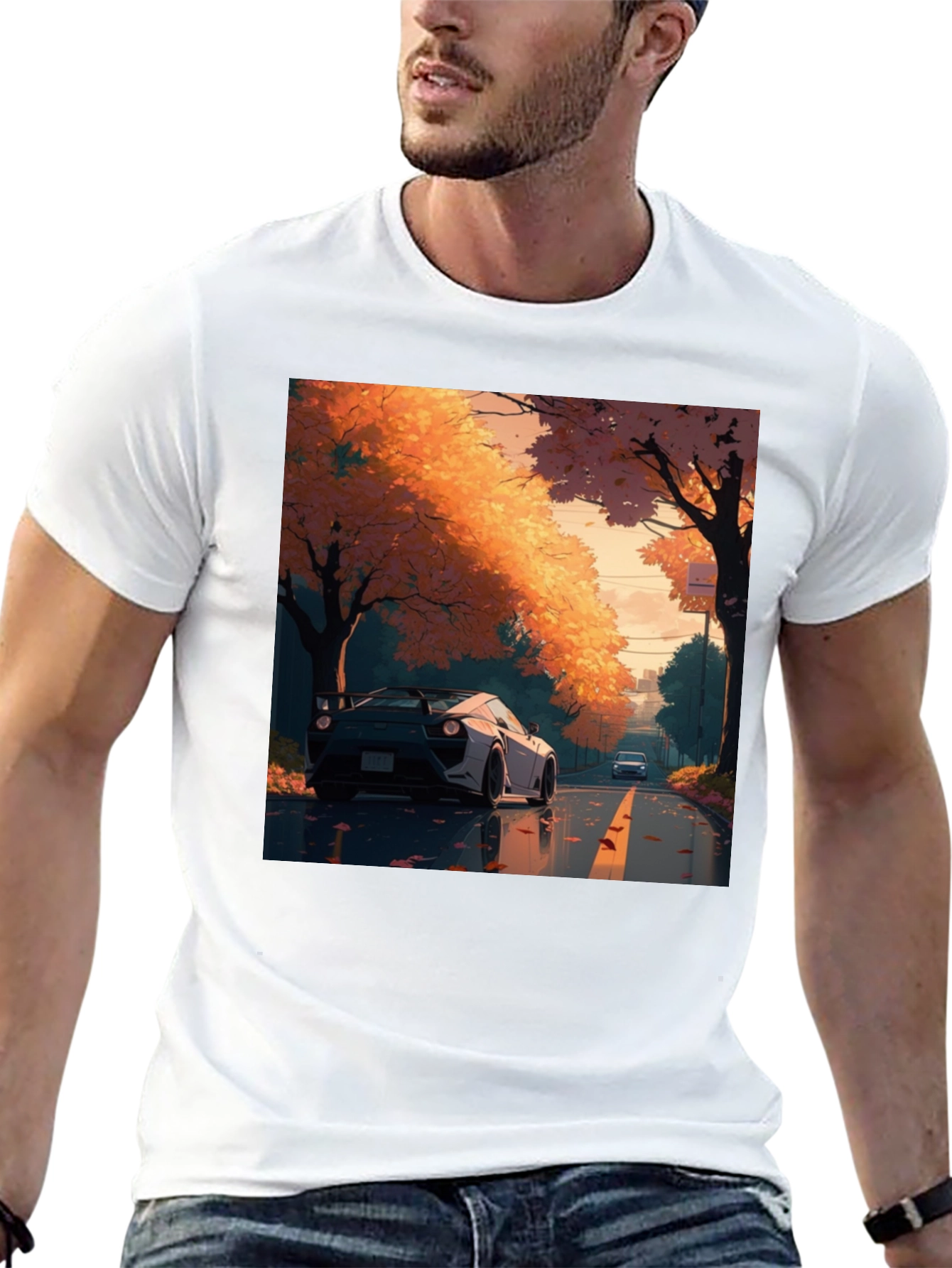 Autumn Road Car Graphic Tee - Stylish Black T-Shirt