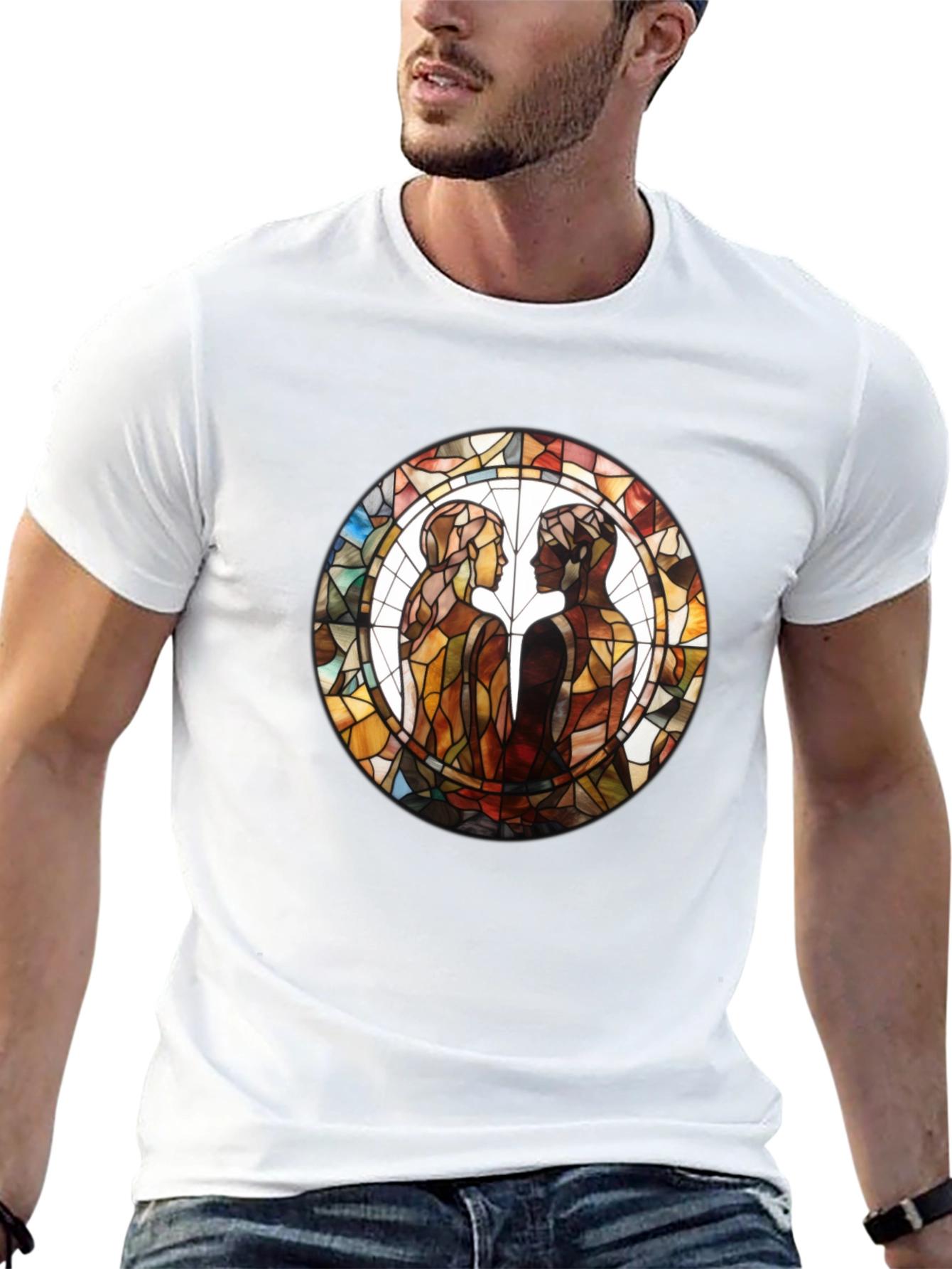 Stained Glass Lovers Graphic Tee - Artistic Black T-Shirt