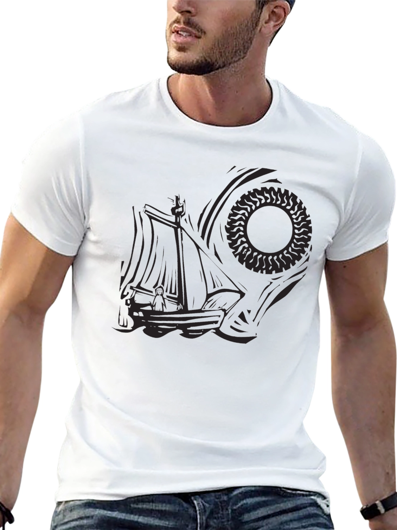 Mens Black Graphic Tee - Nautical Sun Design