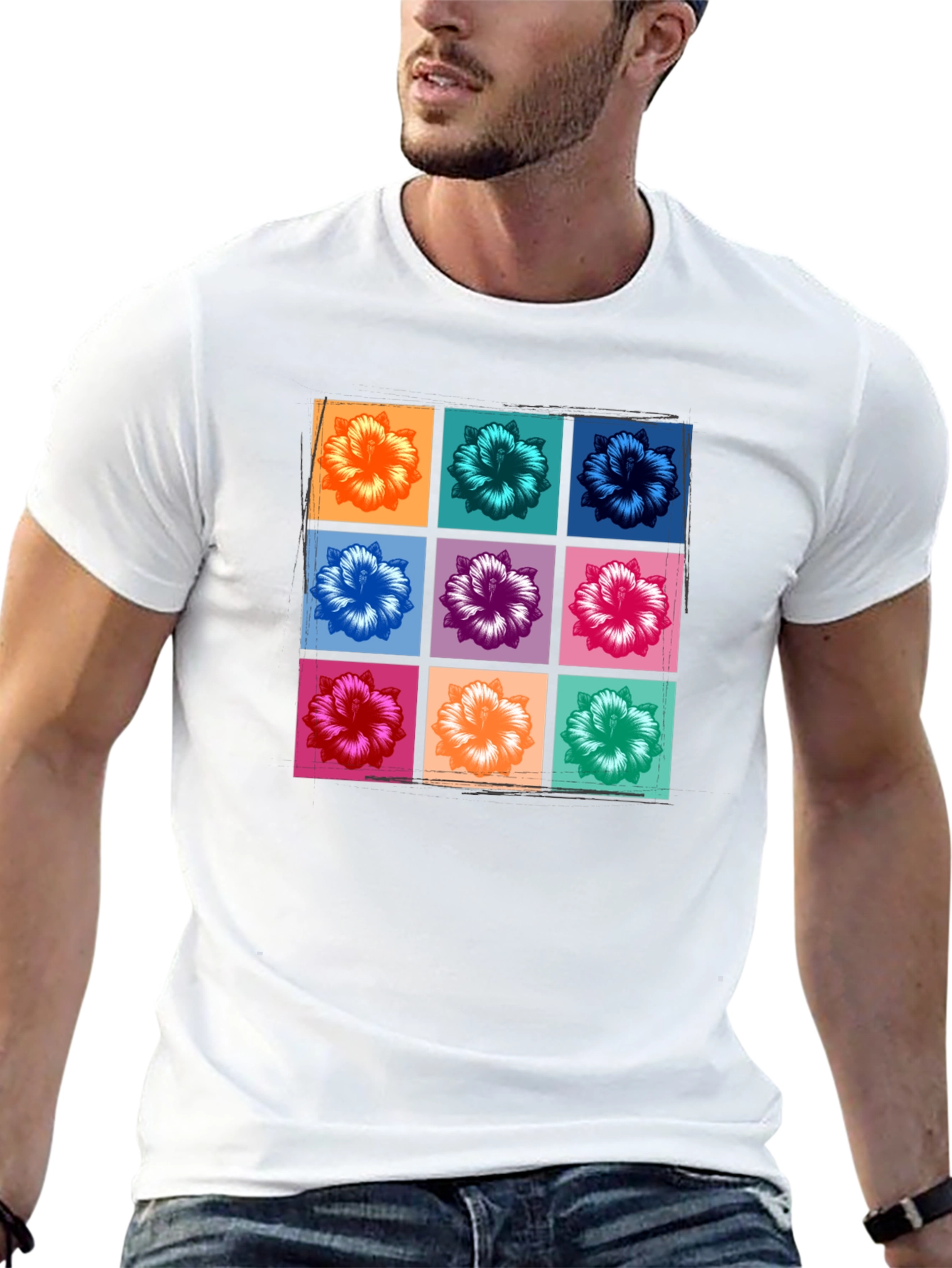 Floral Grid Graphic Tee - Black Casual T-Shirt