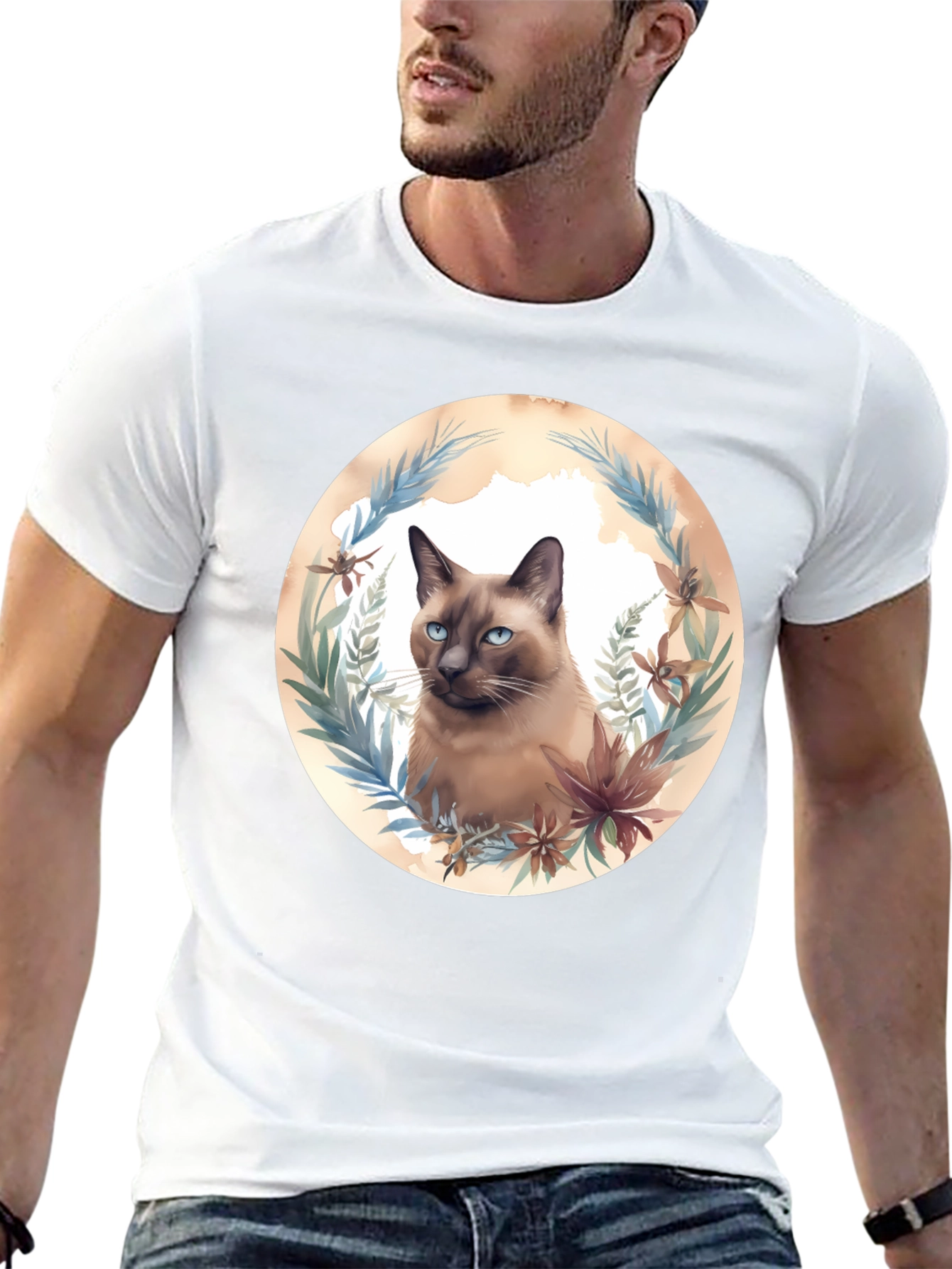 Siamese Cat Floral Wreath Graphic T-Shirt