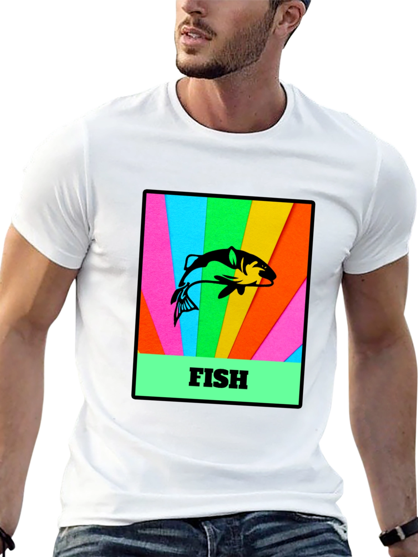 Mens Black T-Shirt with Fish Graphic Print