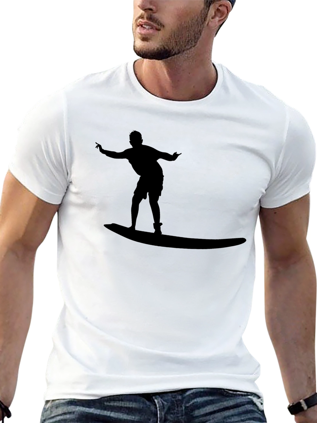 Surfer Silhouette Black Cotton Tee - Casual Style