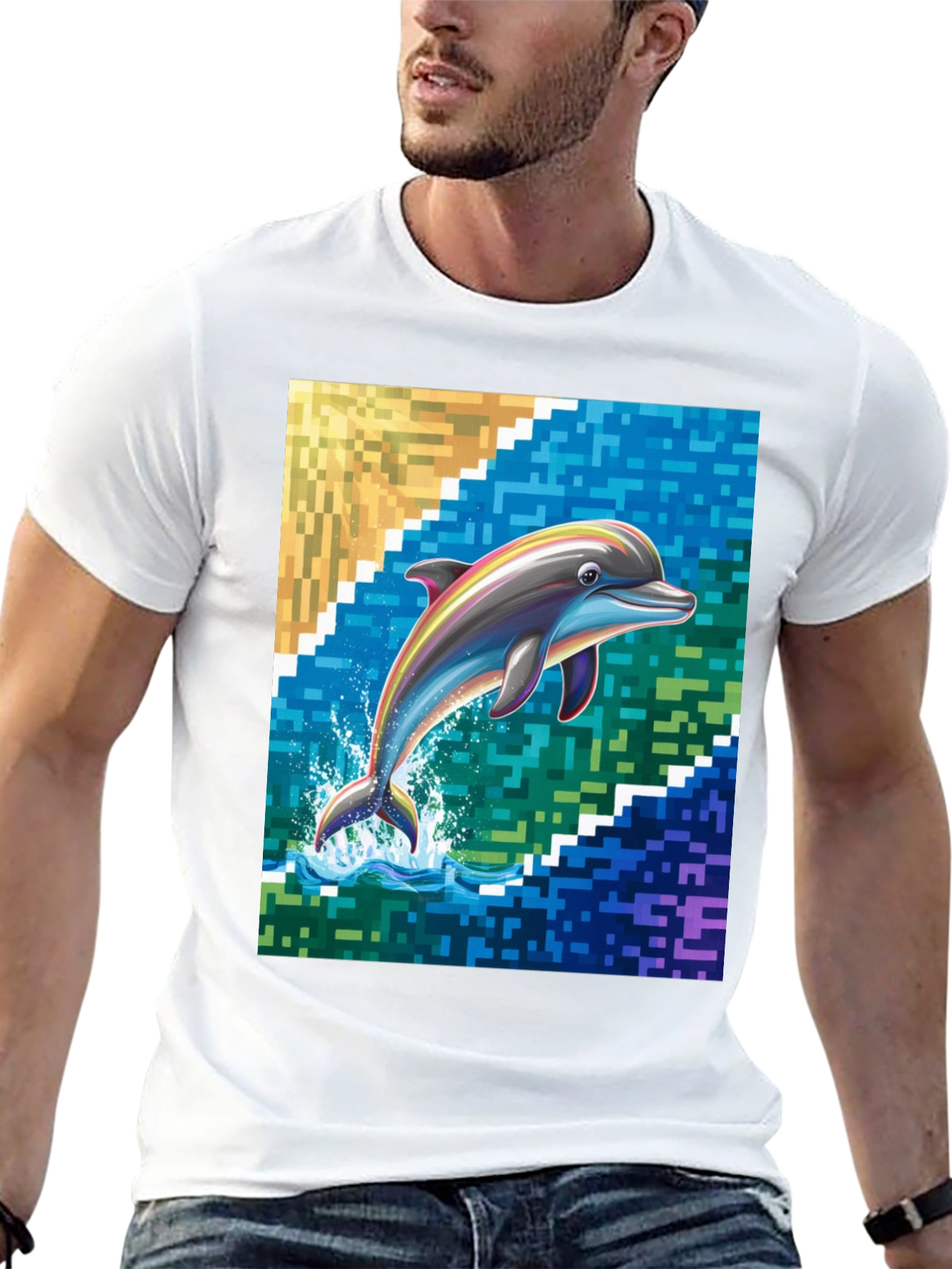 Dolphin Pixel Art Graphic Tee - Mens Black T-Shirt