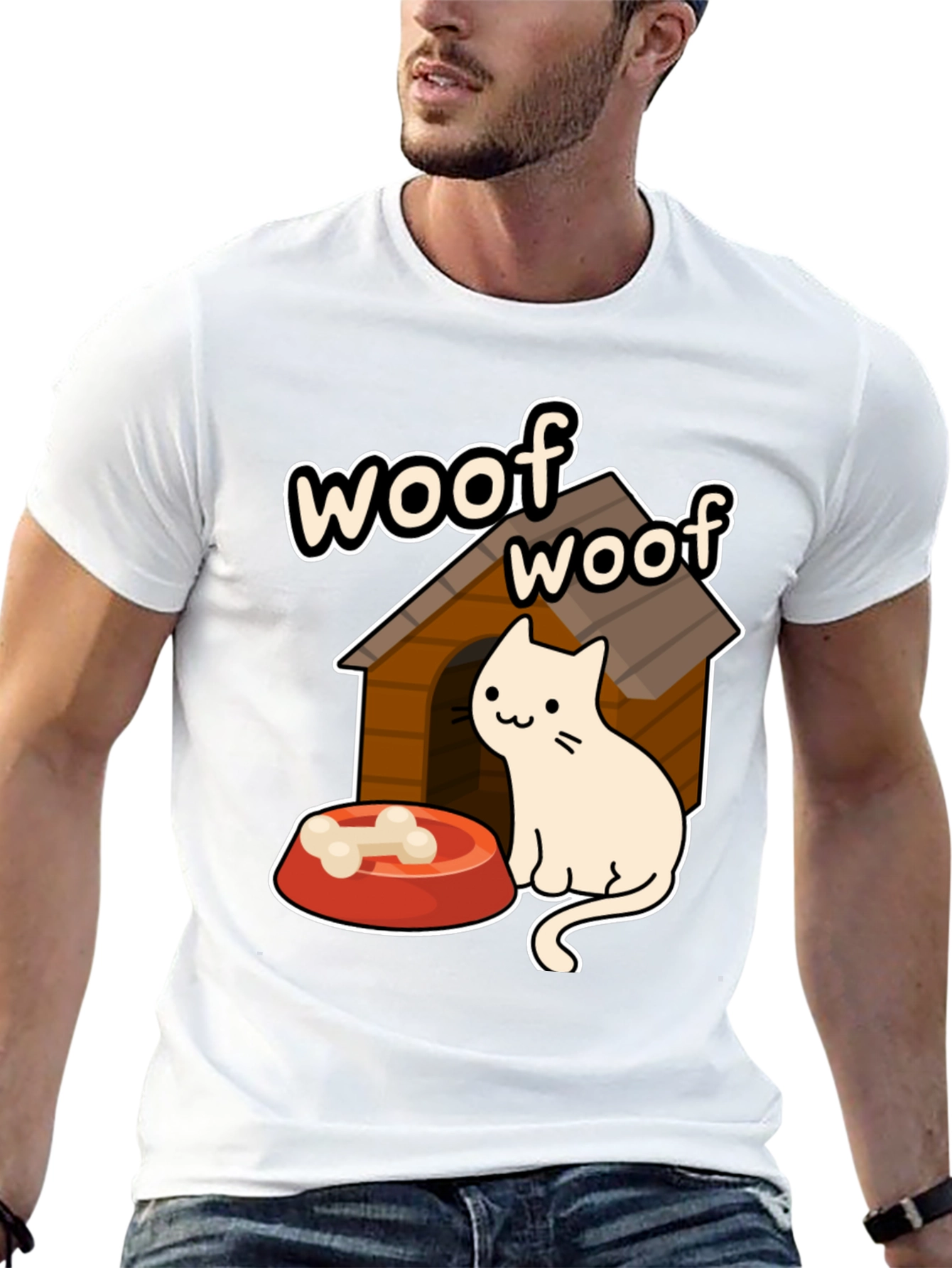 Woof Woof Cat in Dog House Graphic T-Shirt