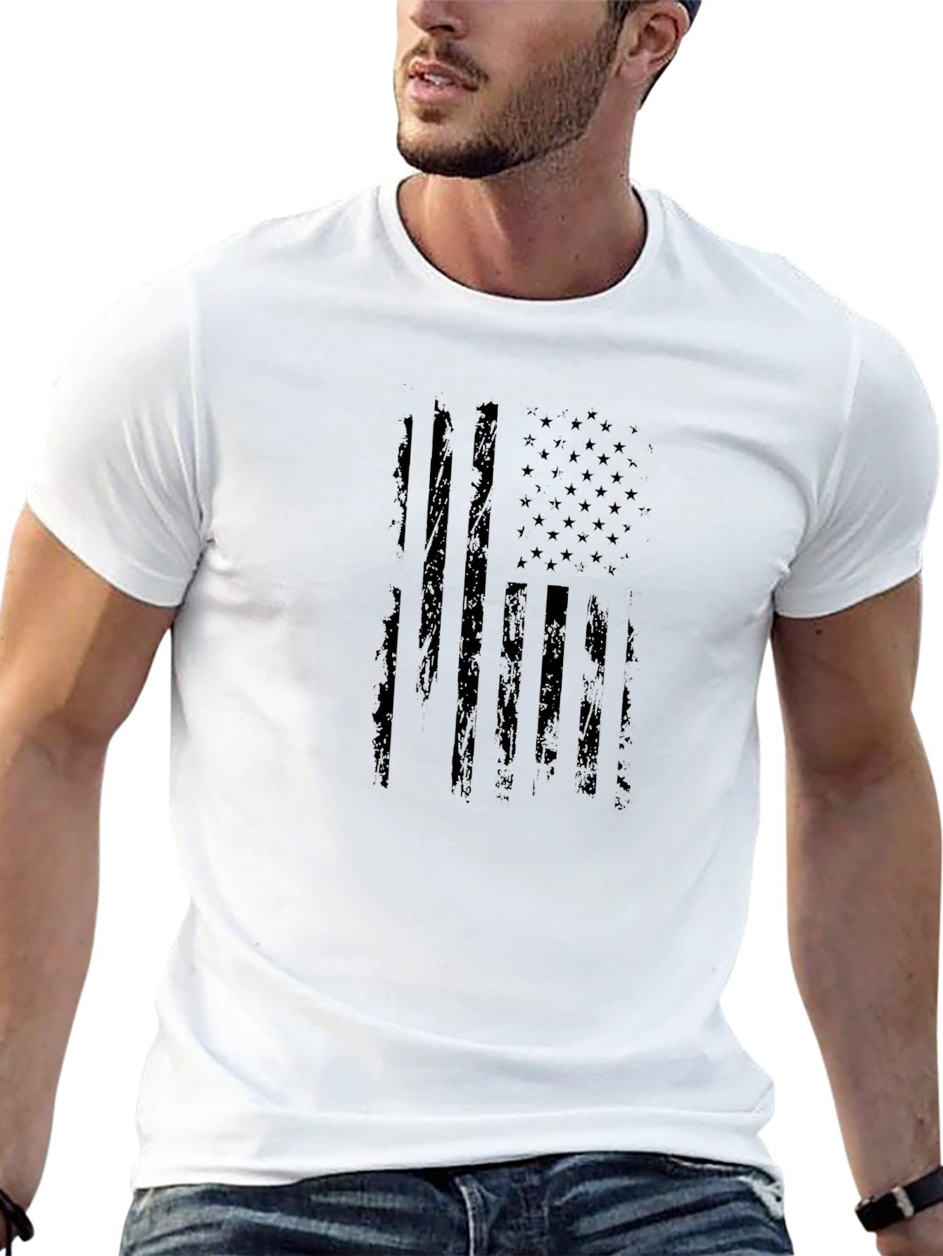 Distressed American Flag Graphic Tee - Black