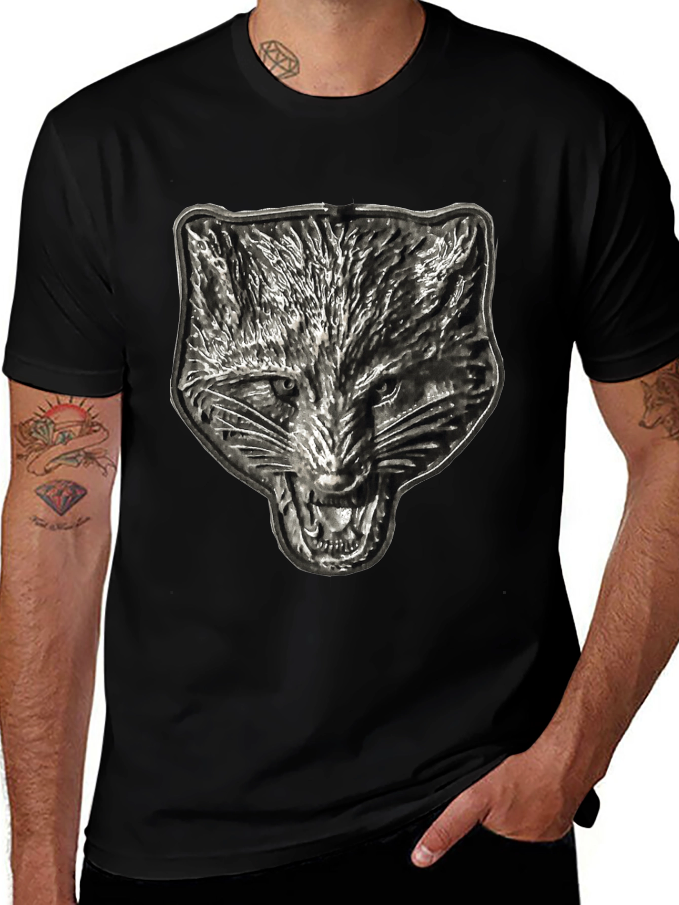 Mens Black T-Shirt with Embossed Wolf Graphic