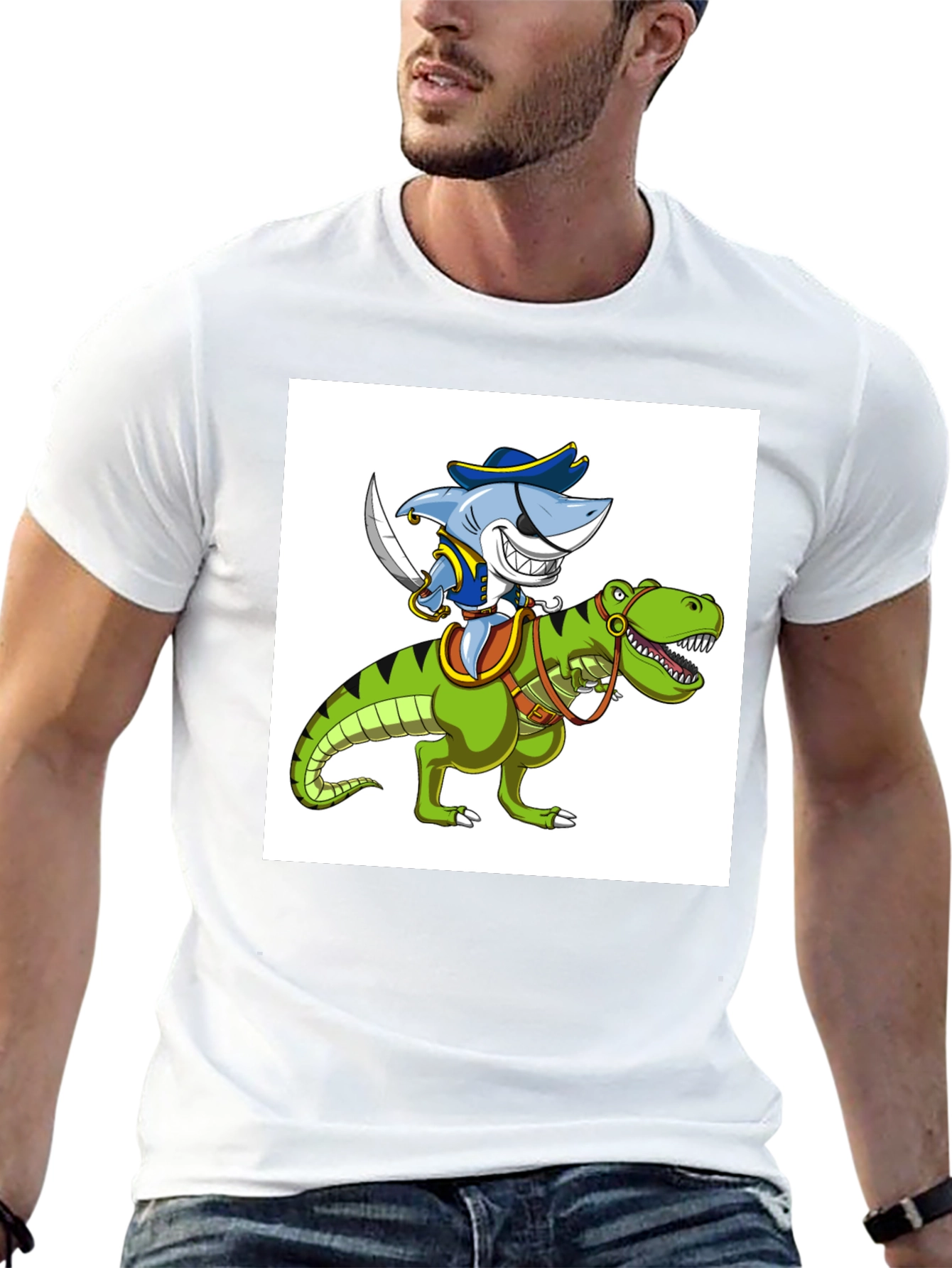 Shark Pirate Riding Dinosaur Graphic T-Shirt