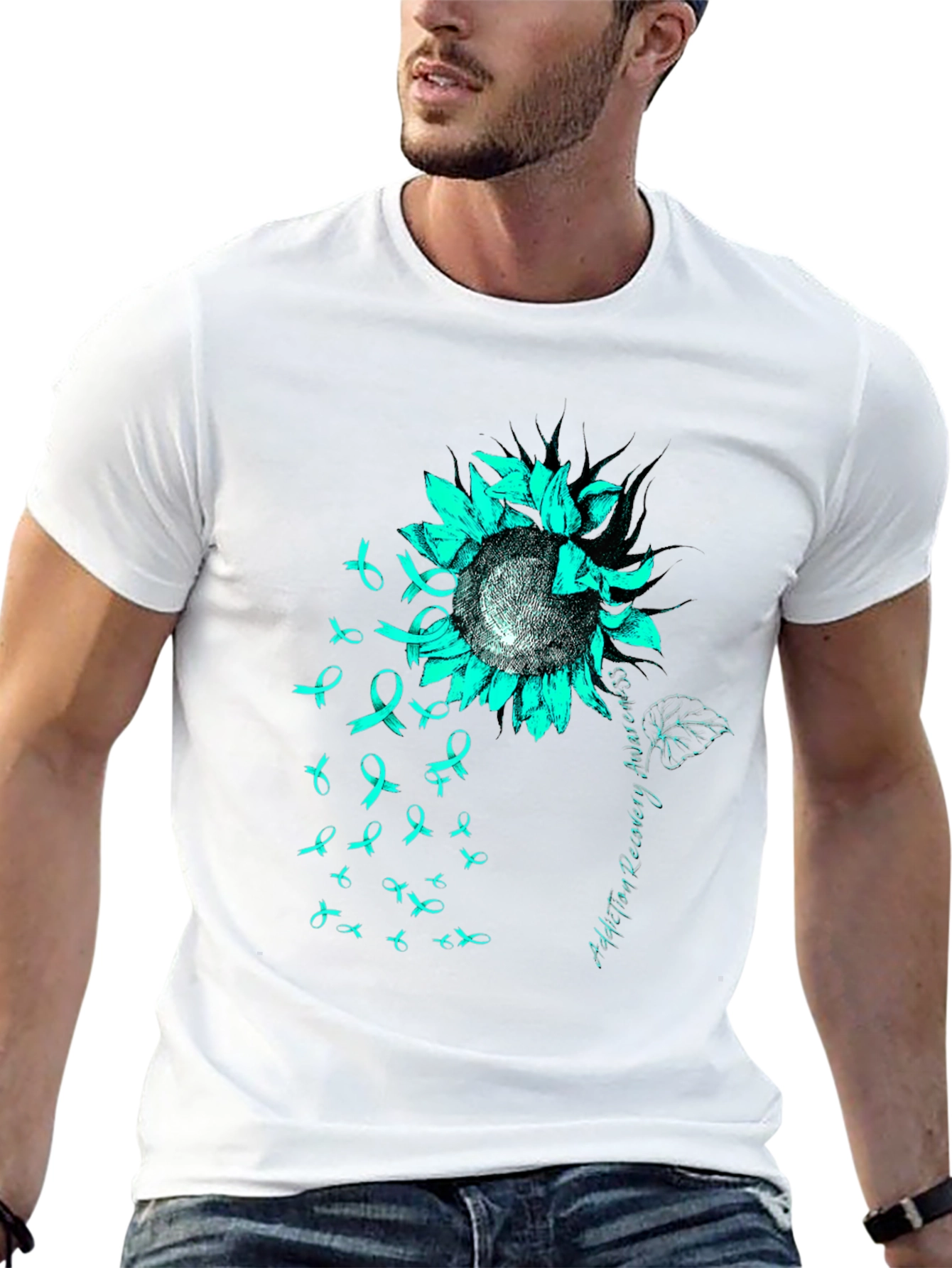 Teal Ribbon Sunflower Tee: Addiction Recovery Awareness