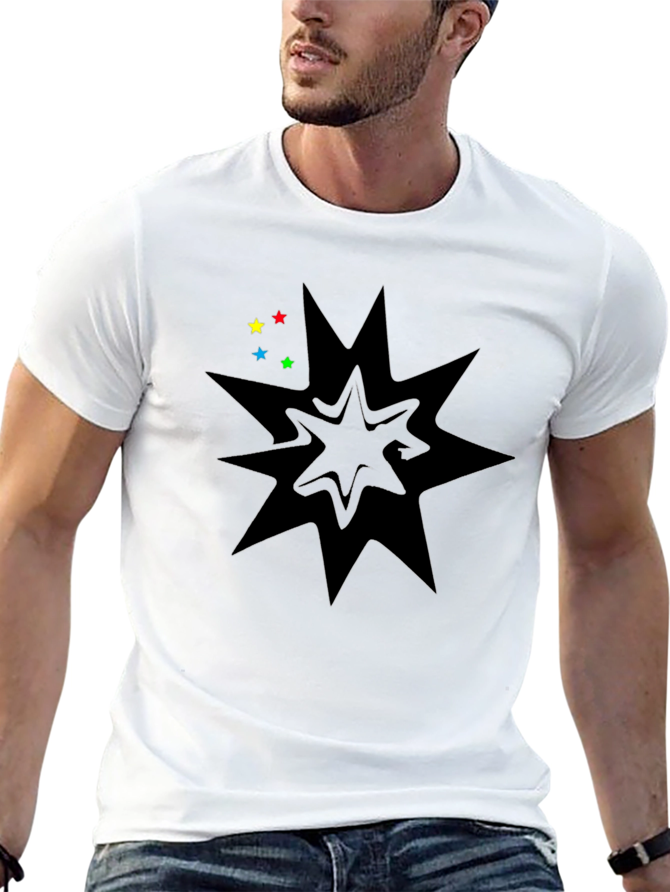 Black Graphic Tee with Star Burst Design