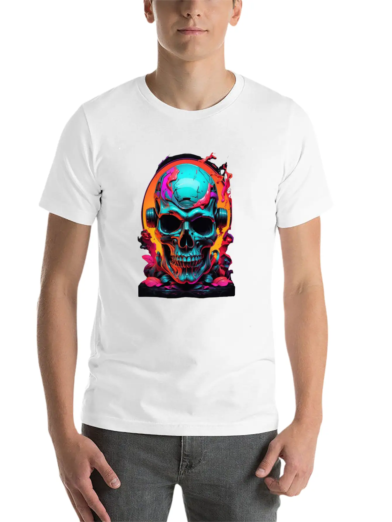 Black & Neon Colourful Skull Art - Goth Edgy Style Unisex Casual T-Shirt – Clean Design For Daily Comfort