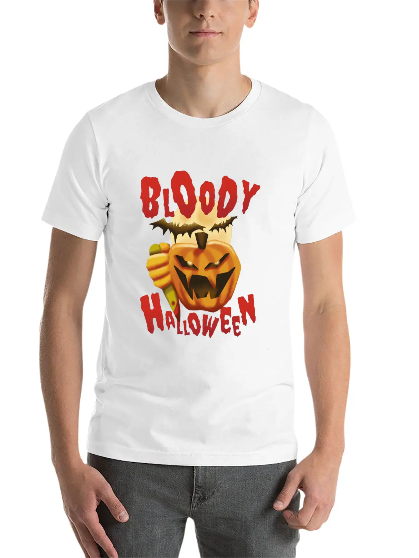Bloody Halloween Pumpkin With Knife Unisex Casual T-Shirt – Clean Design For Daily Comfort