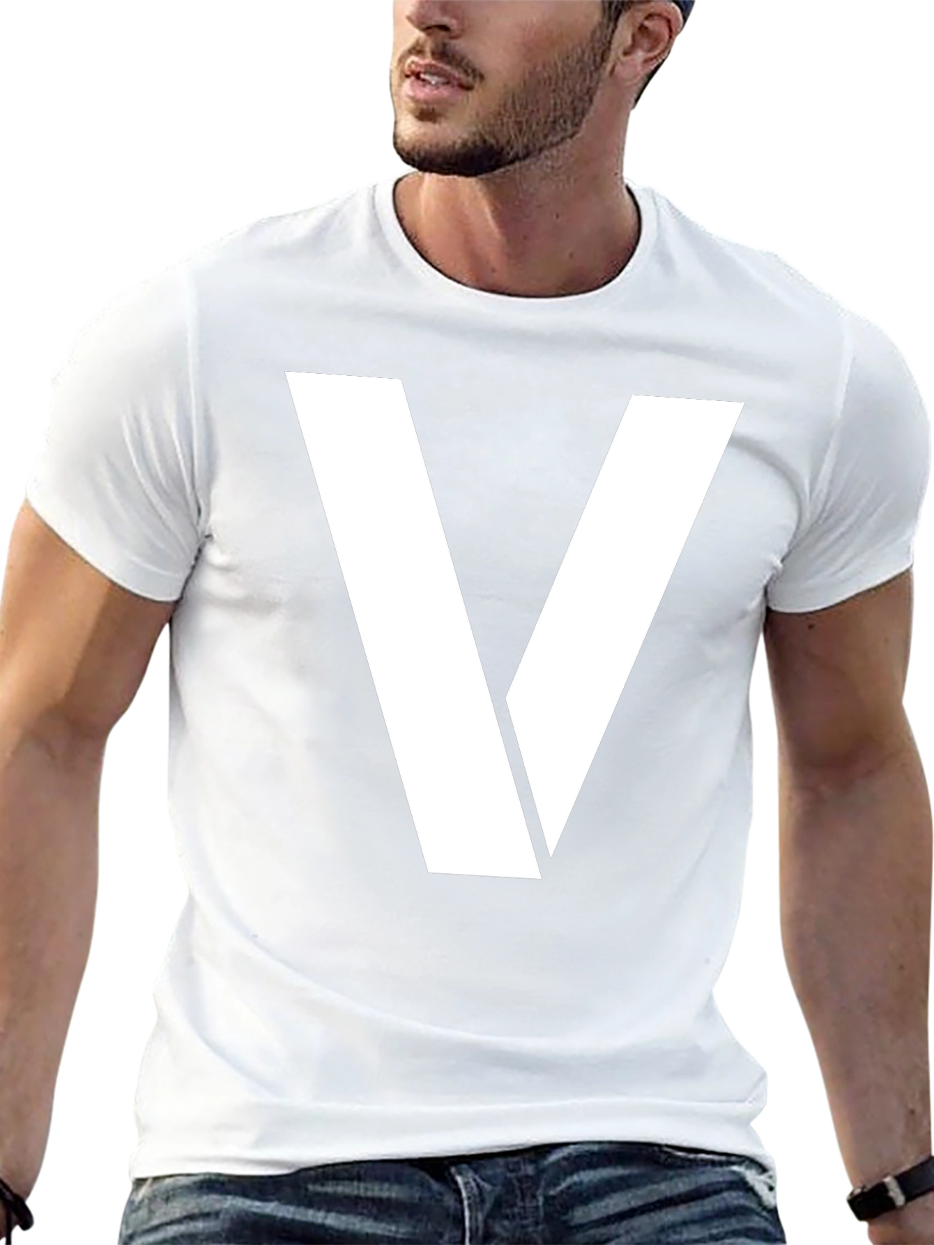 Bold White V Graphic Black T-Shirt