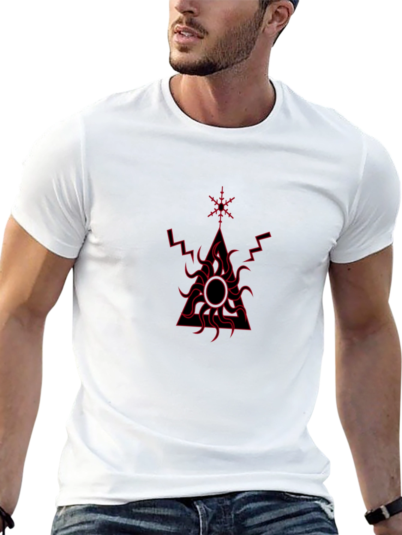 Black T-Shirt with Red Geometric Sun Design