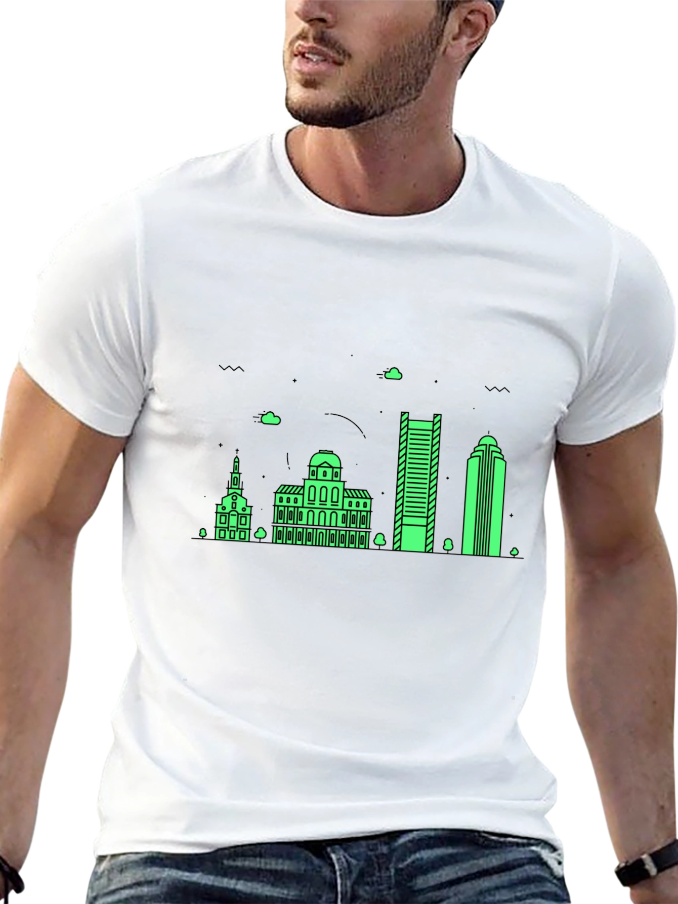Black T-Shirt with Neon Green Building Graphic