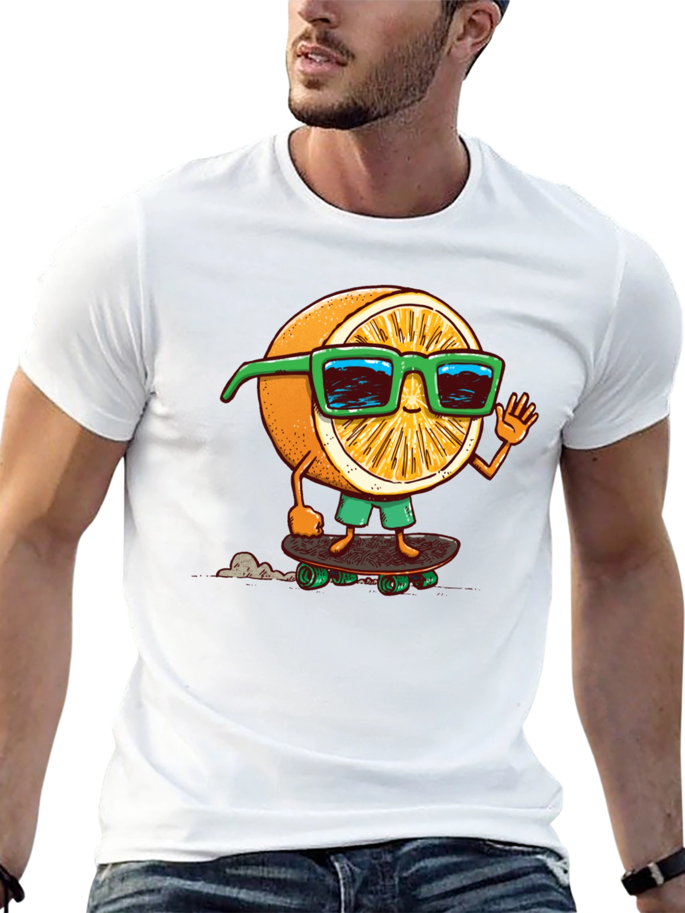 Cool Orange Skateboarder Graphic Tee - Black