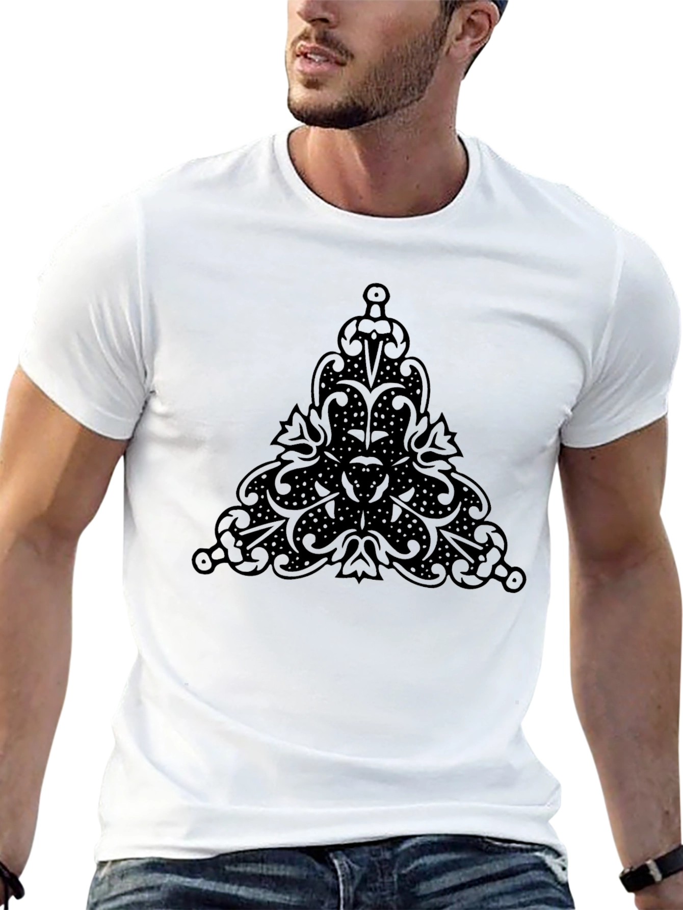 Mens Black T-Shirt with Ornamental Triangle Design