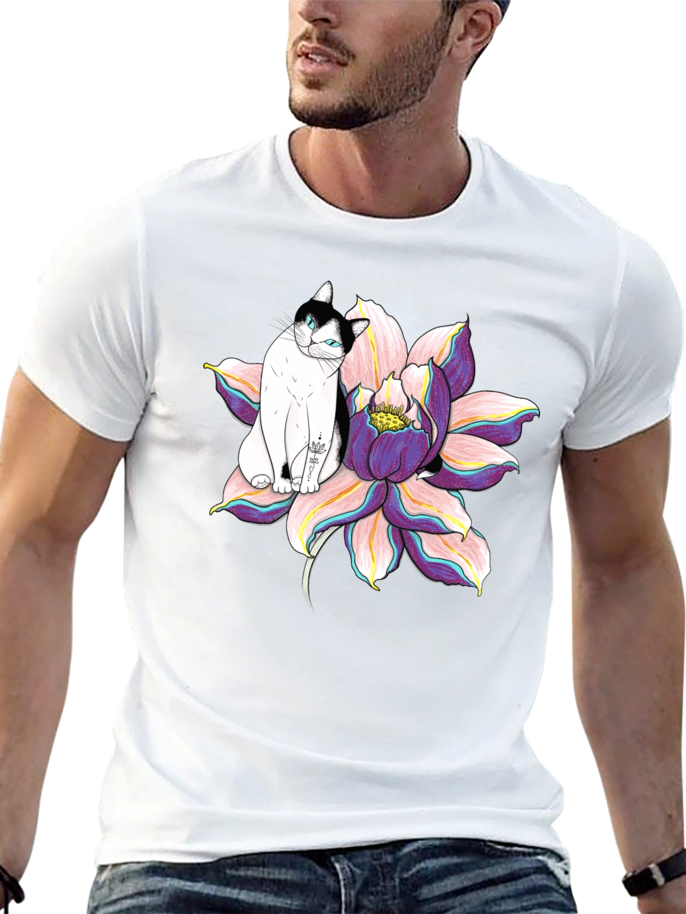 Black T-Shirt with Cat and Lotus Flower Graphic