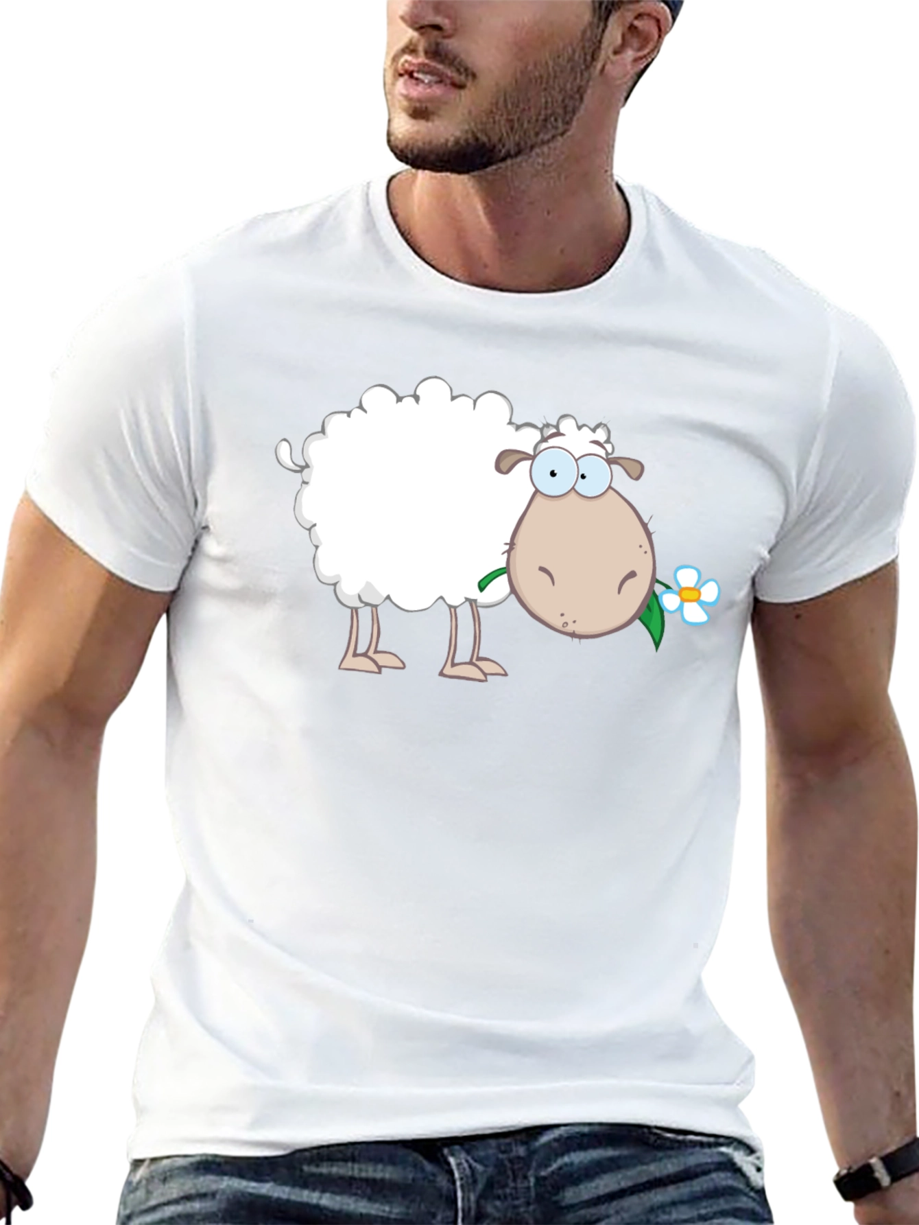 Funny Sheep with Flower Black T-Shirt