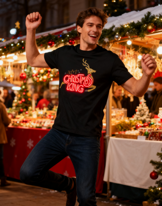 Christmas King Reindeer Neon Graphic T-Shirt - 100% Cotton, Festive Holiday Tee for Christmas Gatherings & Casual Wear