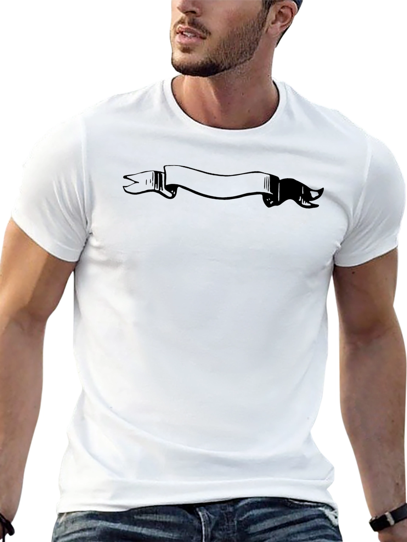 Mens Black Graphic Tee with Ribbon Design