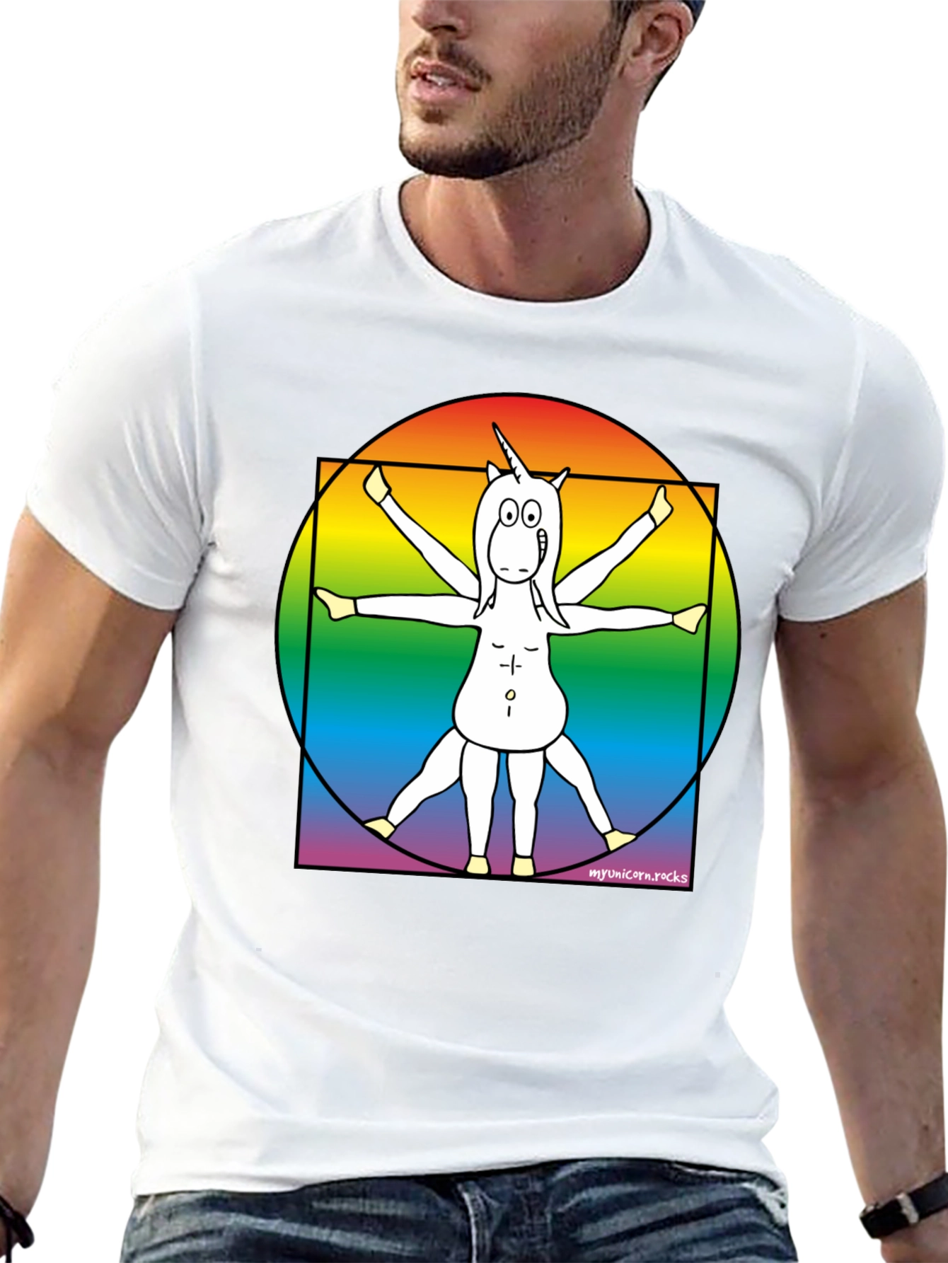 Vitruvian Unicorn T-Shirt - Rainbow Design
