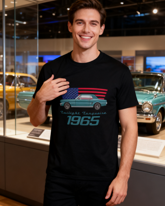 1965 Twilight Turquoise Retro Car & USA Flag T-Shirt - 100% Cotton, Classic Auto Enthusiast Tee for Car Shows & Daily Occasions